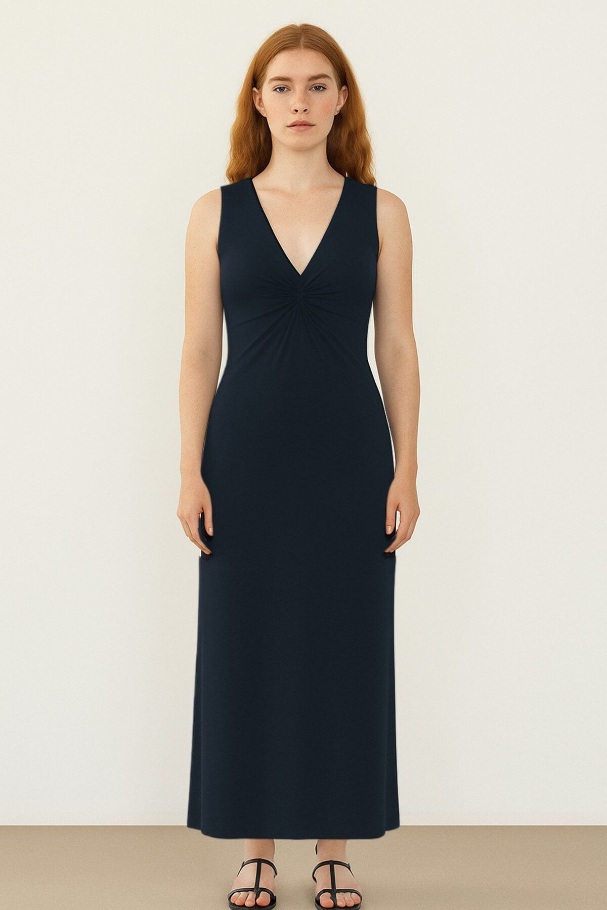 Re-clo IVY DRESS, Ecovero Viskonlu, Sürdürülebilir Bel Burgu Detaylı, Kolsuz Maxi Elbise