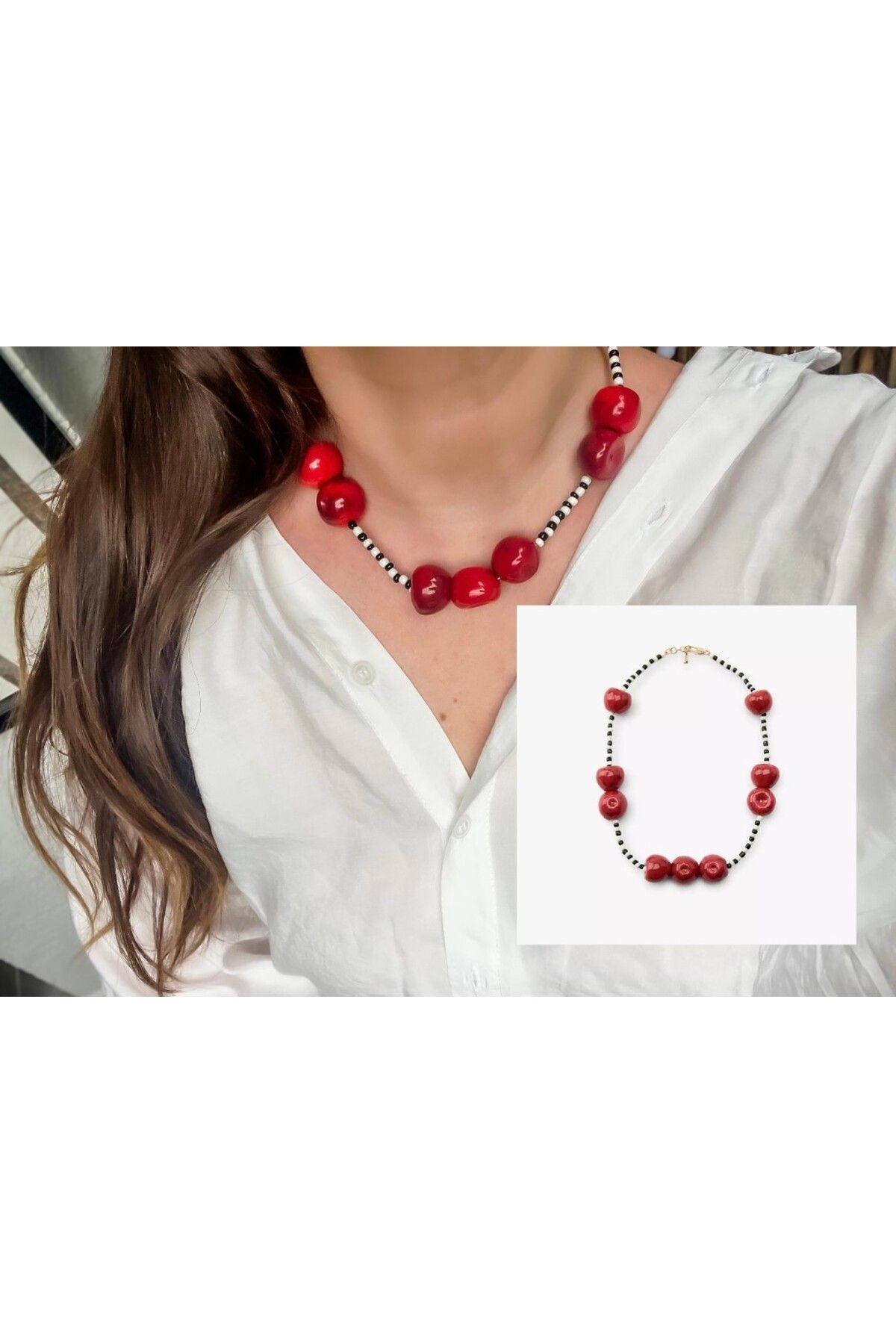 illys ZRA Model Araları Siyah Beyaz Boncuk Kiraz Figürlü Kolye