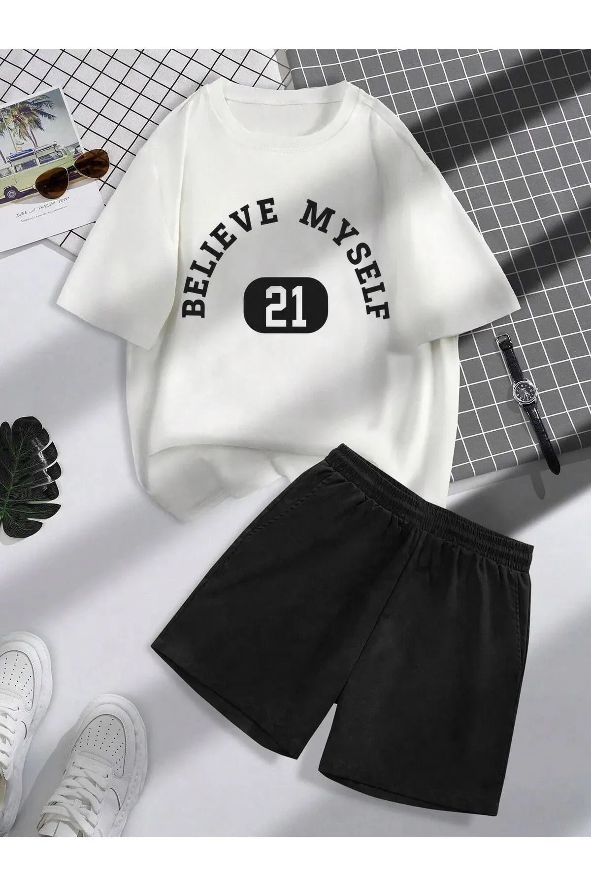 COHERENT Unisex Kadın/Erkek Beyaz Yeşil Believe Özel Baskılı Şort T-shirt Takımı