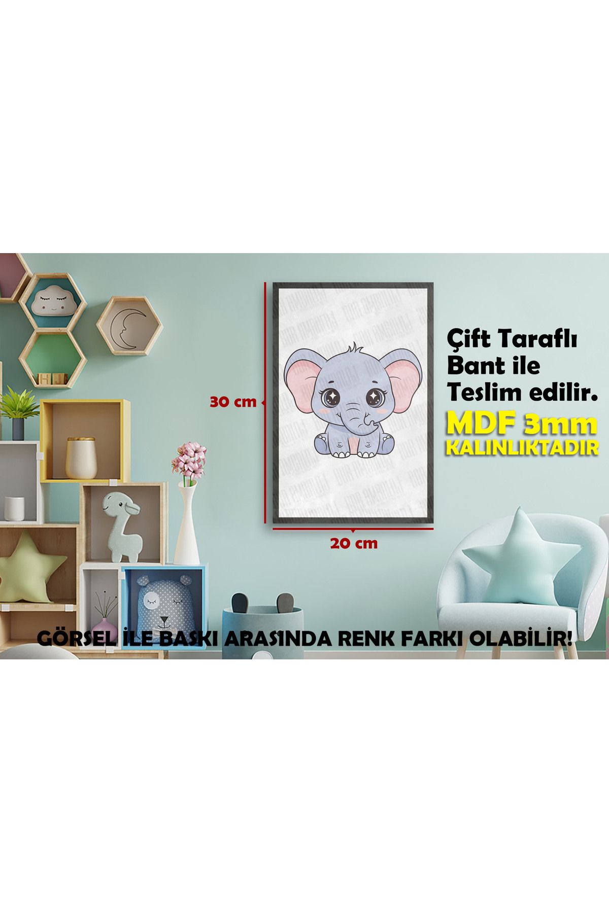 Borambalaj Çocuk Odası İçin Fil Tasarımlı Çerçeve Görünümlü MDF Tablo 20x30