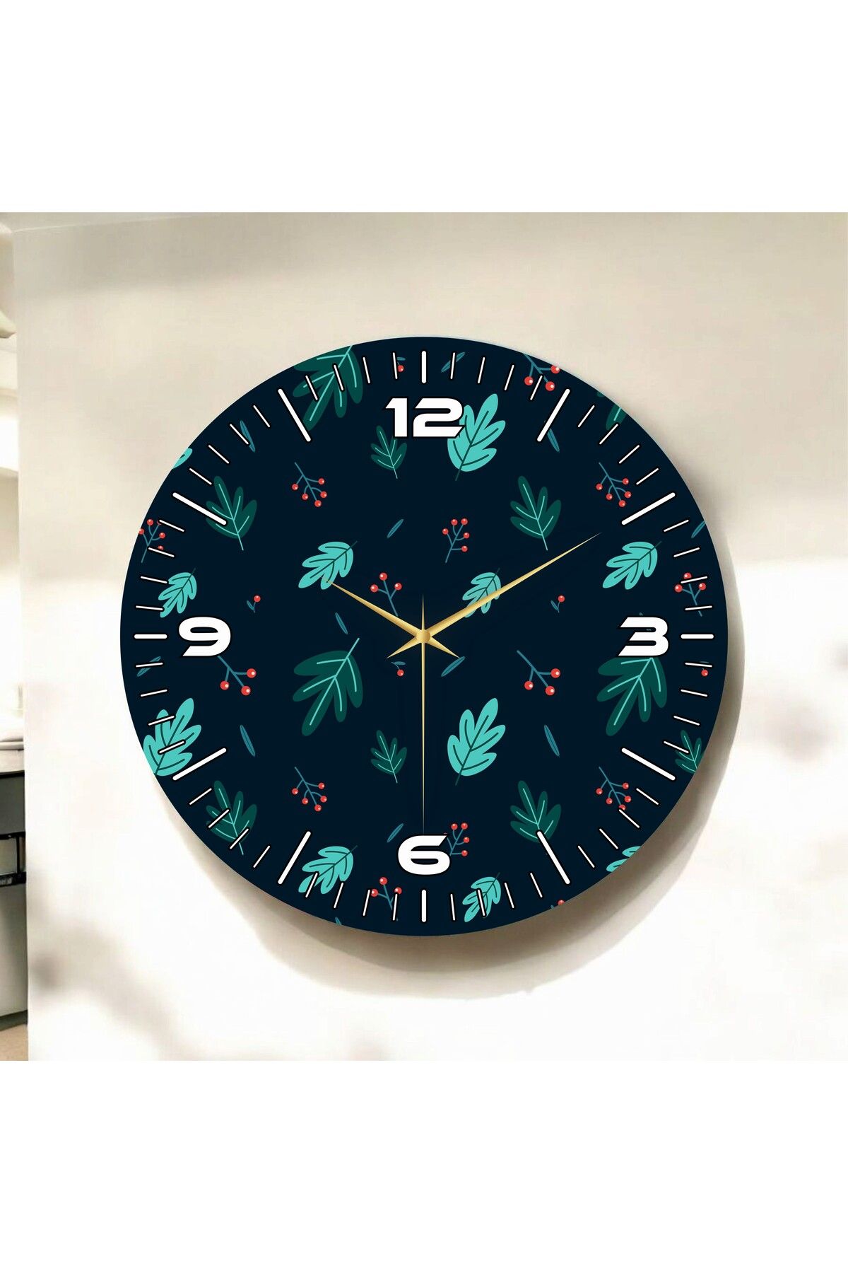 AA Shop Renkli Baskı Yaprak Çiçek Desenli Sayılı Hediyelik Ahşap Sessiz Duvar Saati 50cm