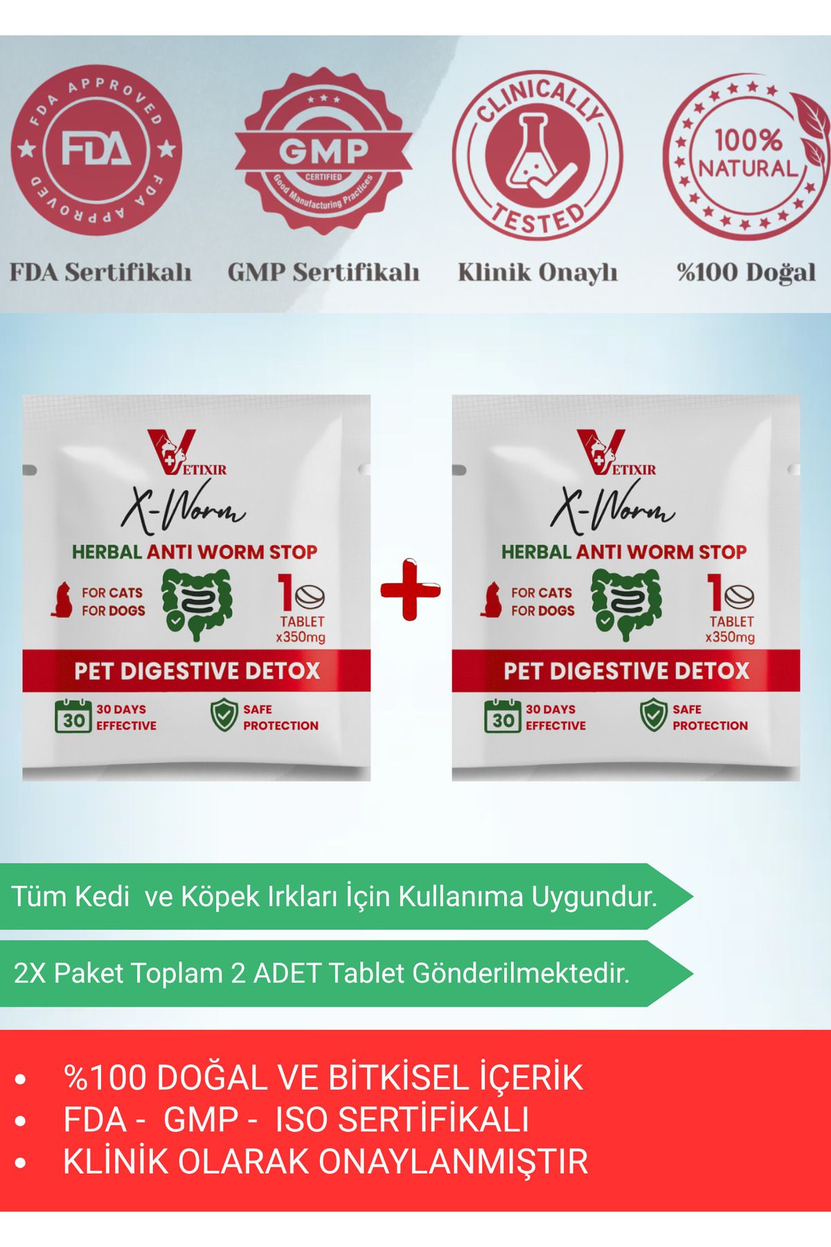 VETIXIR Bitkisel Kedi ve Köpek Parazit Tableti X-WORM Herbal Anti-Worm 2 adet tablet