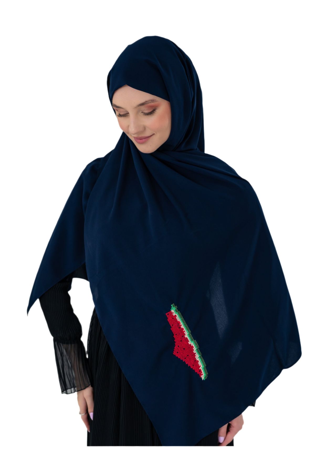 Zaytoon Polyster Lacivert Rengi Şal Filistin Haritası Karpuz Renkler İle Nakışlı S100041