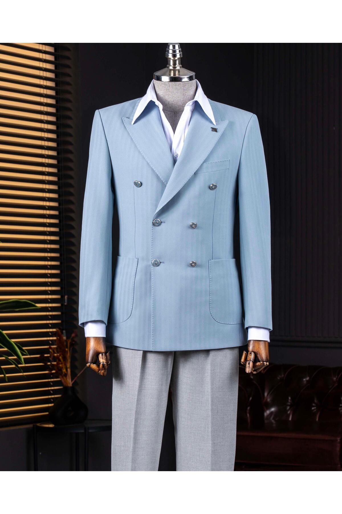 TerziAdemAltun İtalyan stil slim fit balıksırtı desen kruvaze erkek tek ceket mavi T14079