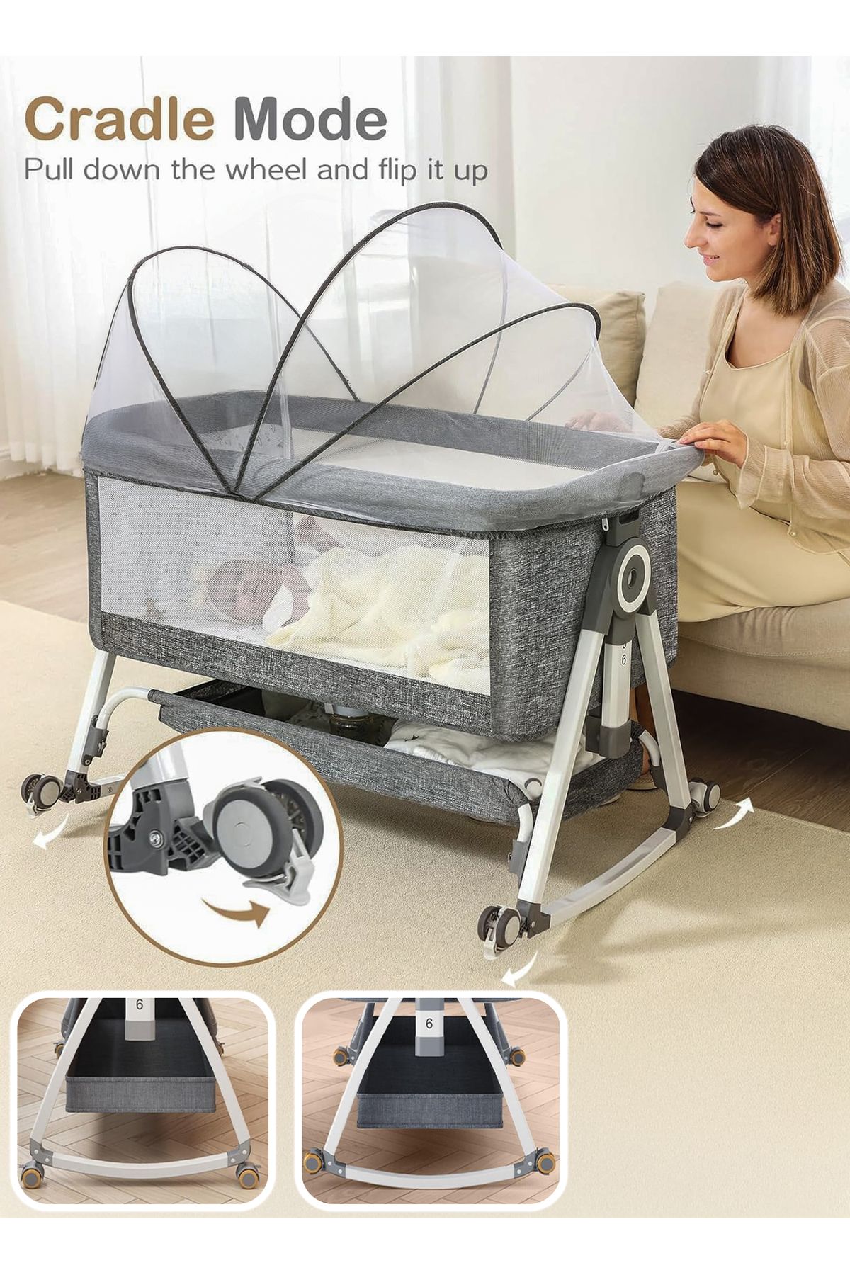 TOSHIONICS-4 in 1 Baby Bassinet Foldable Infants Bedside Sleeper, Newborns Rocking Cradle With Mosquito Net 3