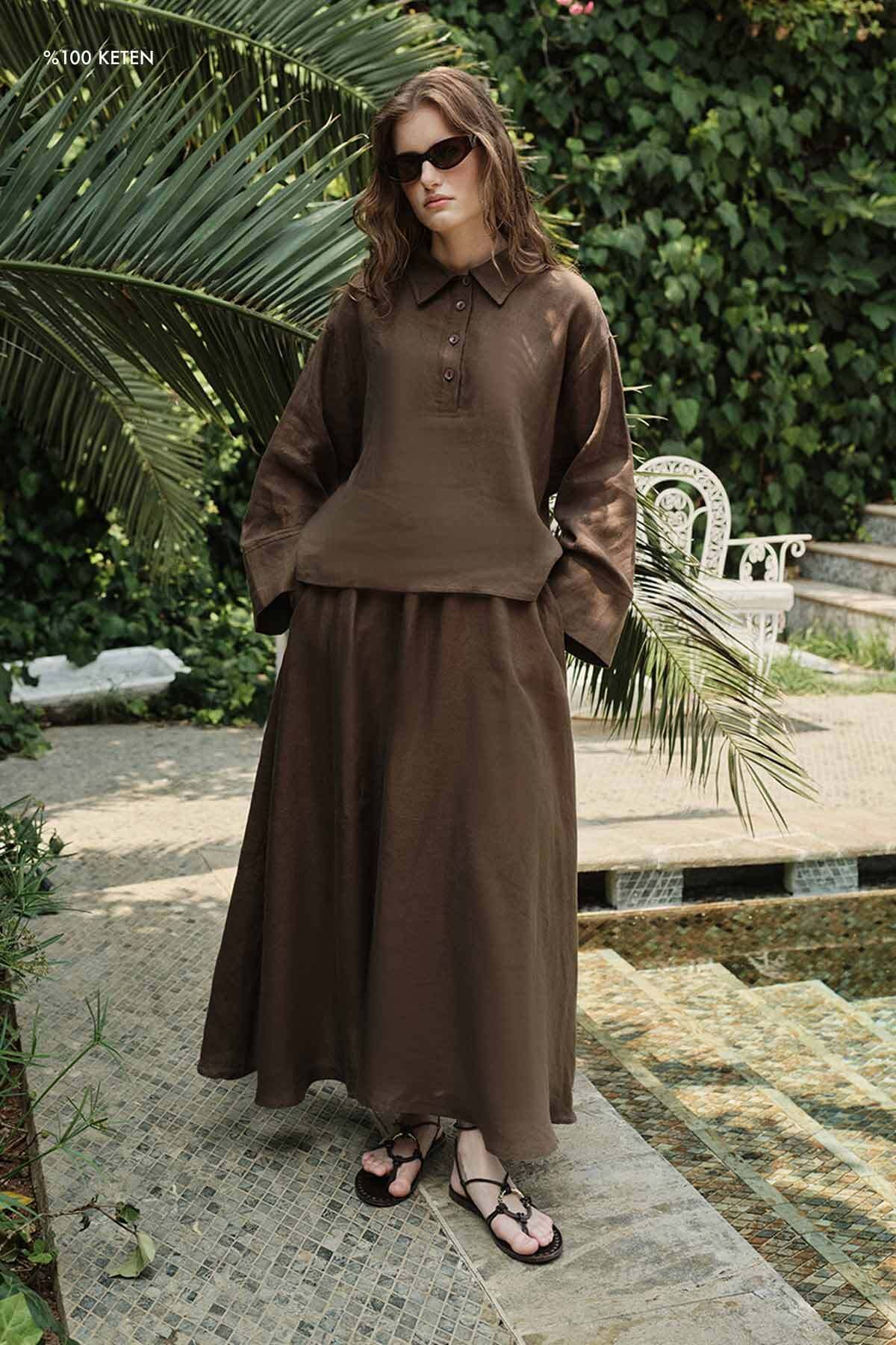 Hooopstore %100 Keten Beli Lastikli Kahve Etek
