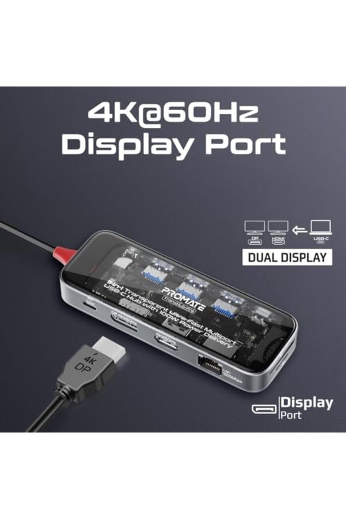 Promate-USB-C™ Hub, 11-in-1 Multi-Display Hub with Dual 4K HDMI, 4K DisplayPorts, Ultra-Fast 1000M 5