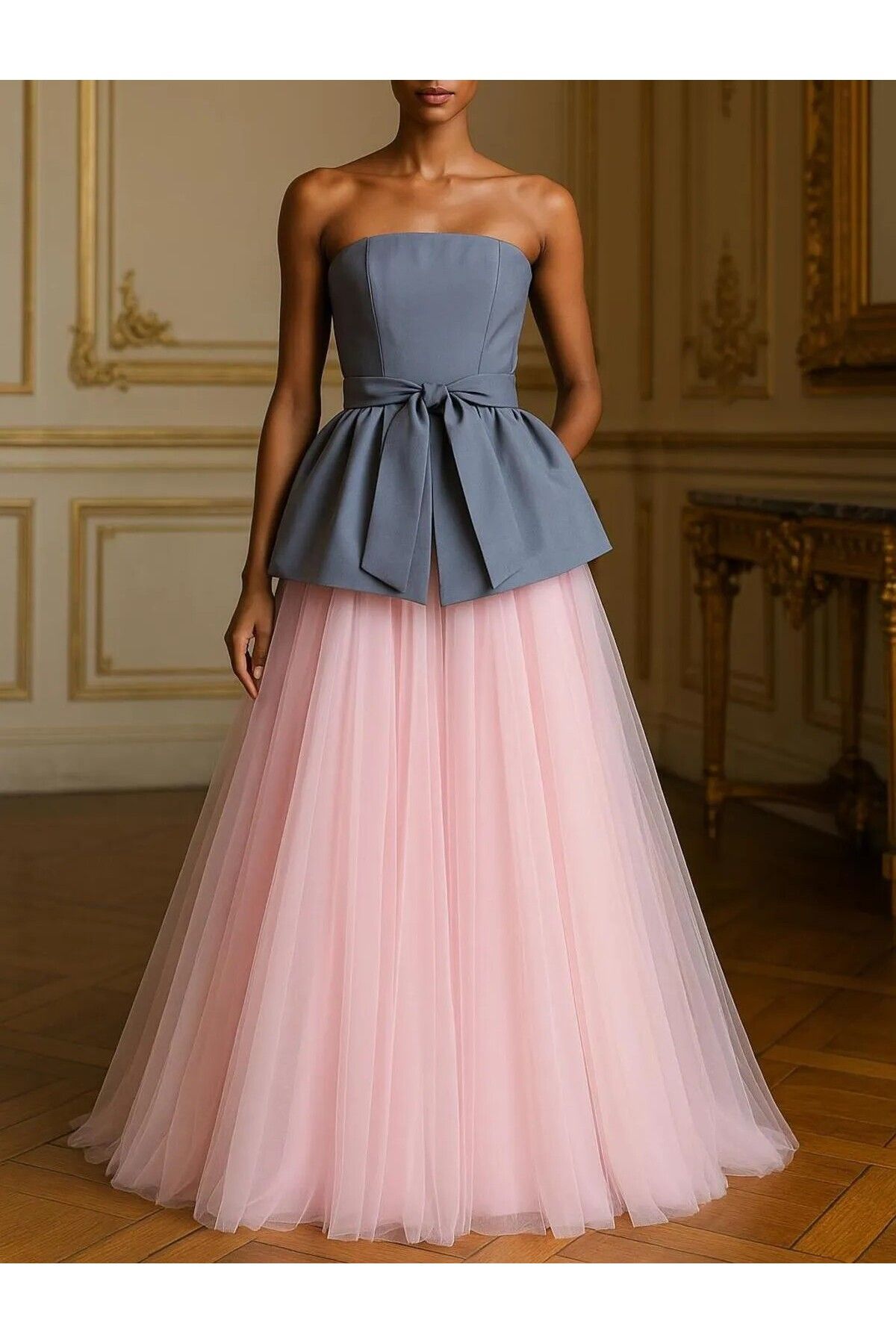 UNTIMELY Gri Straplez Peplum Detaylı Top & Pembe Maxi Tül Etek Alt&Üst Takım