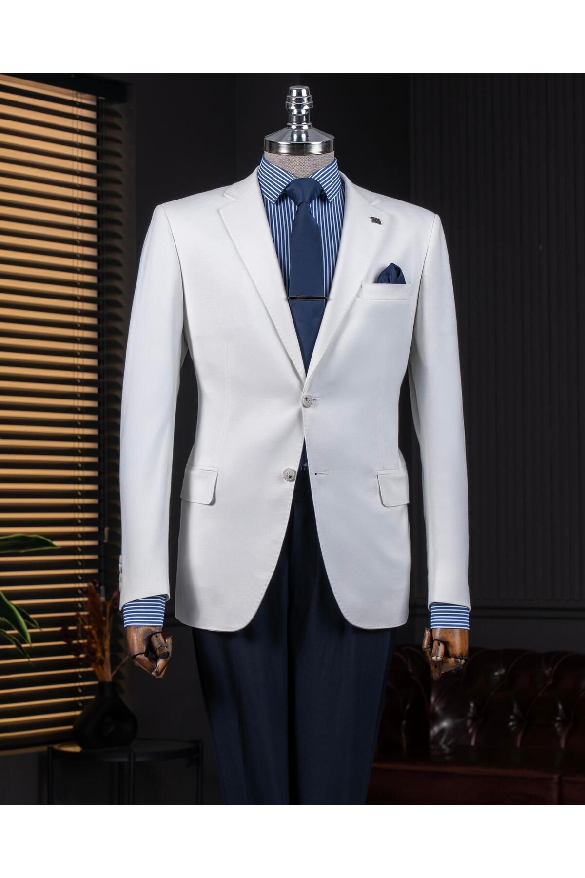TerziAdemAltun İtalyan stil slim fit mono yaka erkek tek ceket ekru T14303