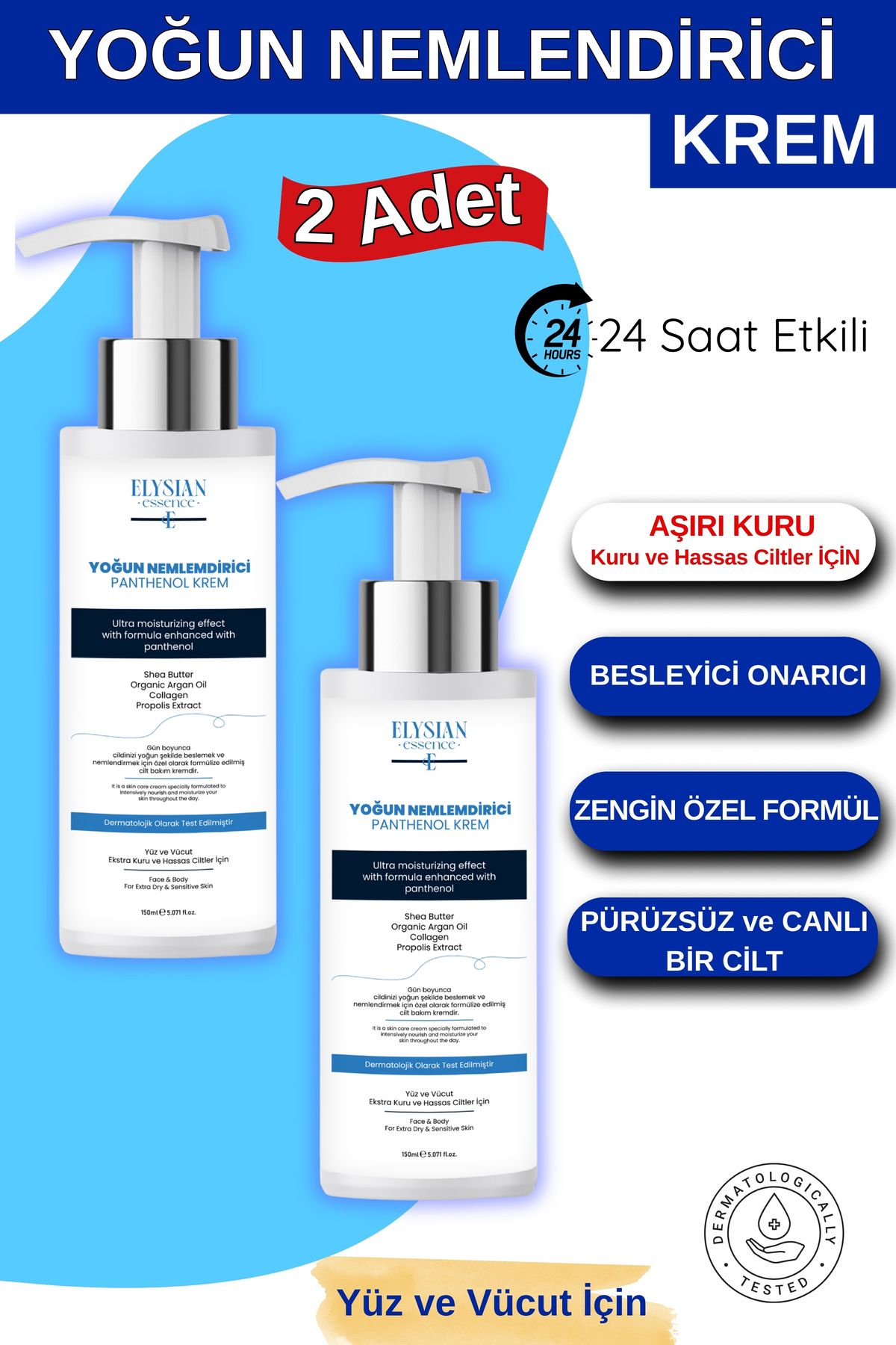 Elysian Essence Yoğun Nemlendirici Panthenol Krem 2'li Set | Kuru ve Hassas Ciltlere 24 Saat Bakım, Argan, Shea Yağı