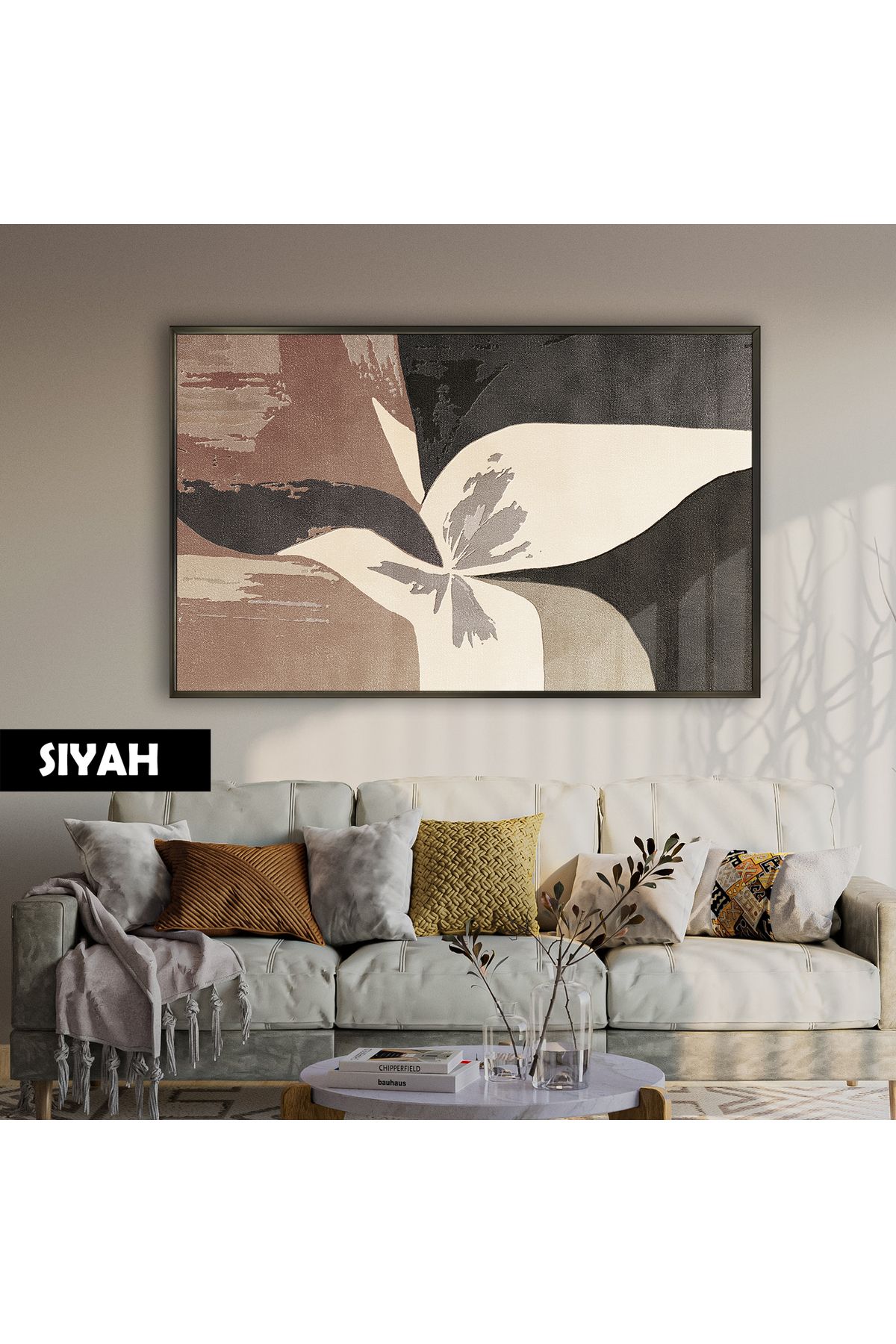 Harikabirev HARİKABİREV| KAHVE KONTRAST SOYUT ÇİÇEK MODELİ (FLOWER) |ÇERÇEVELİ TEMPERLİ CAM TABLO TEKLİ YATAY