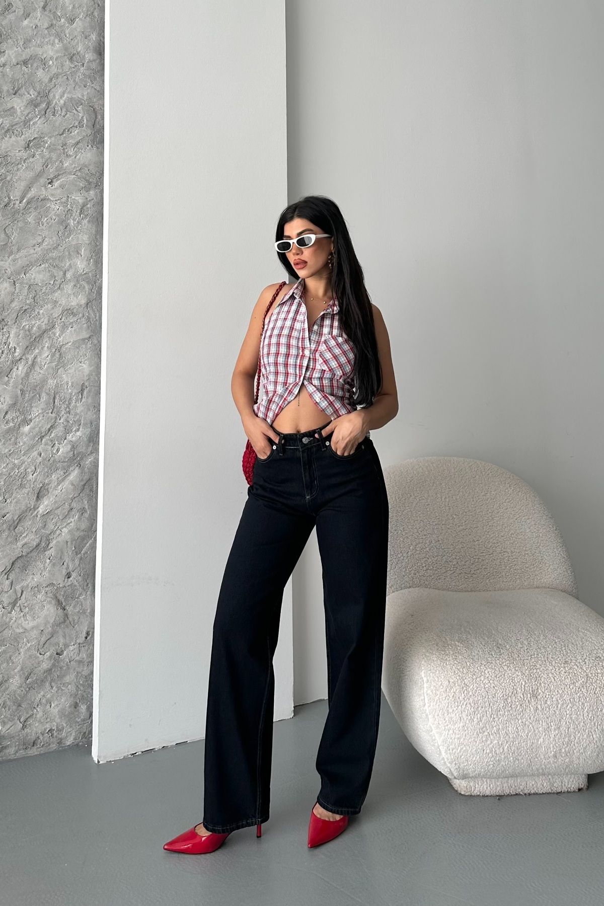 DESTEMODA Kadın Palazzo Kot Pantolon Efektli Jeans Koyu Mavi 4009