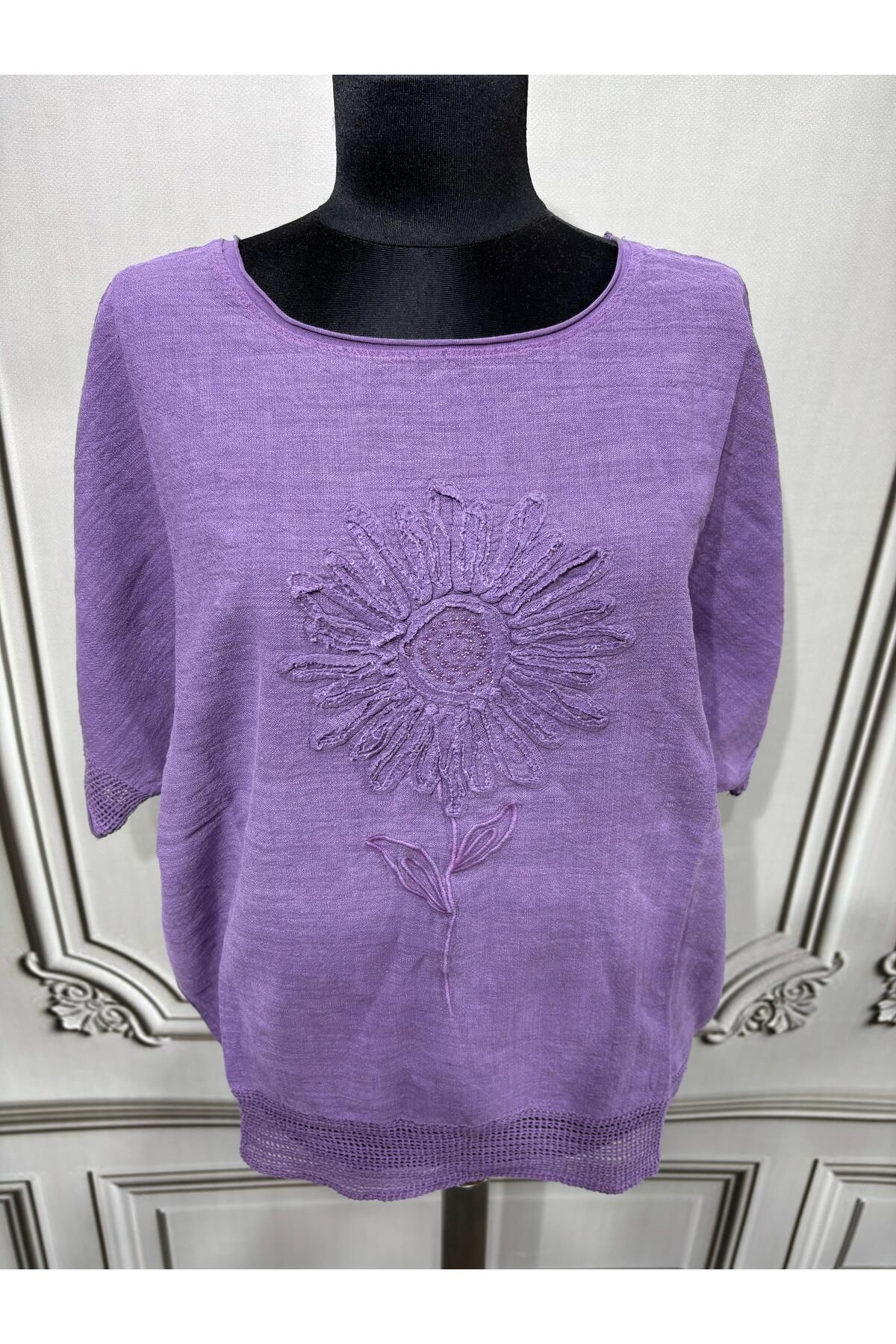 MENSAR OTANTİK Kadın Oversize Kabartmalı Fileli Keten Bluz
