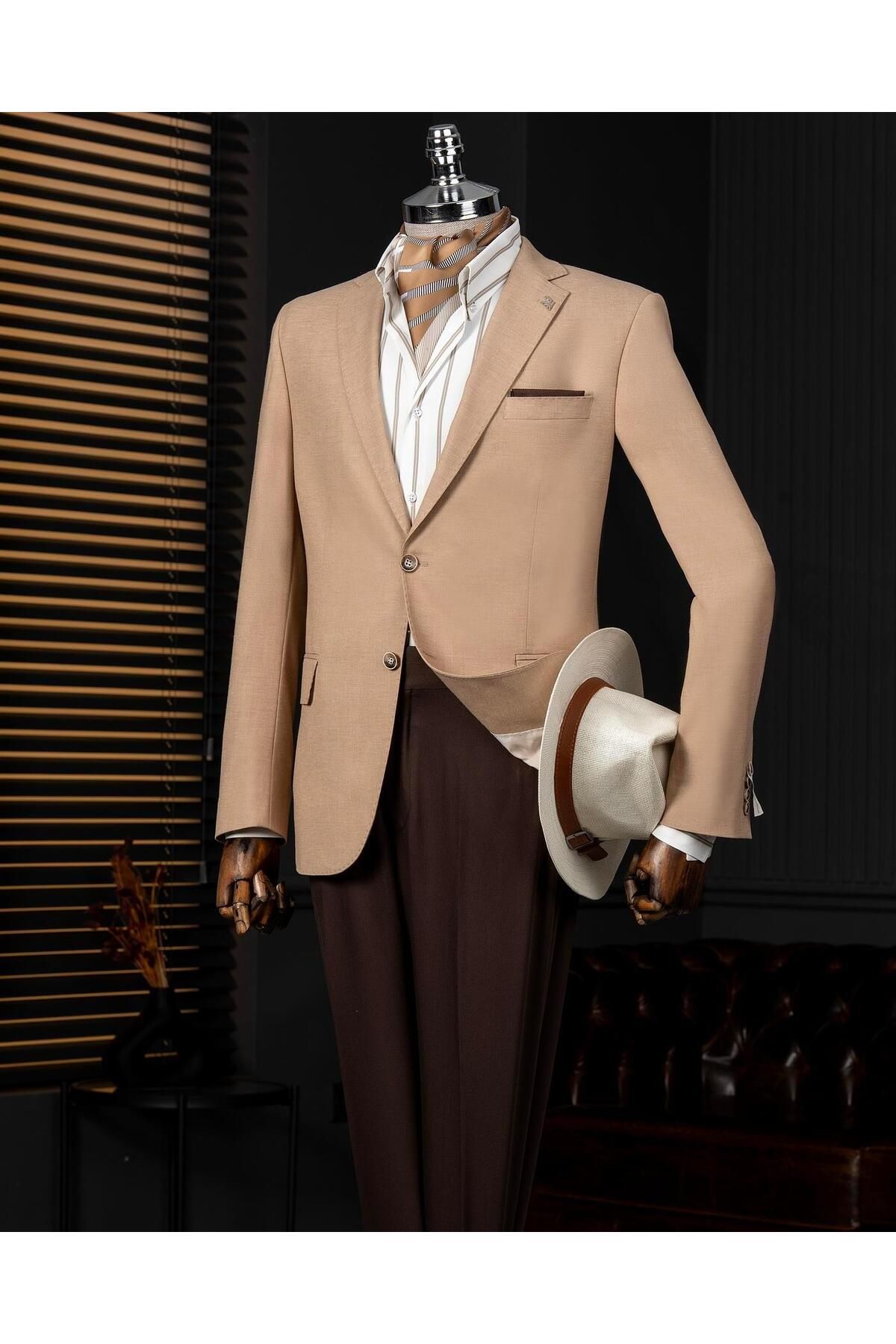 TerziAdemAltun İtalyan stil slim fit mono yaka erkek tek ceket bej T14304