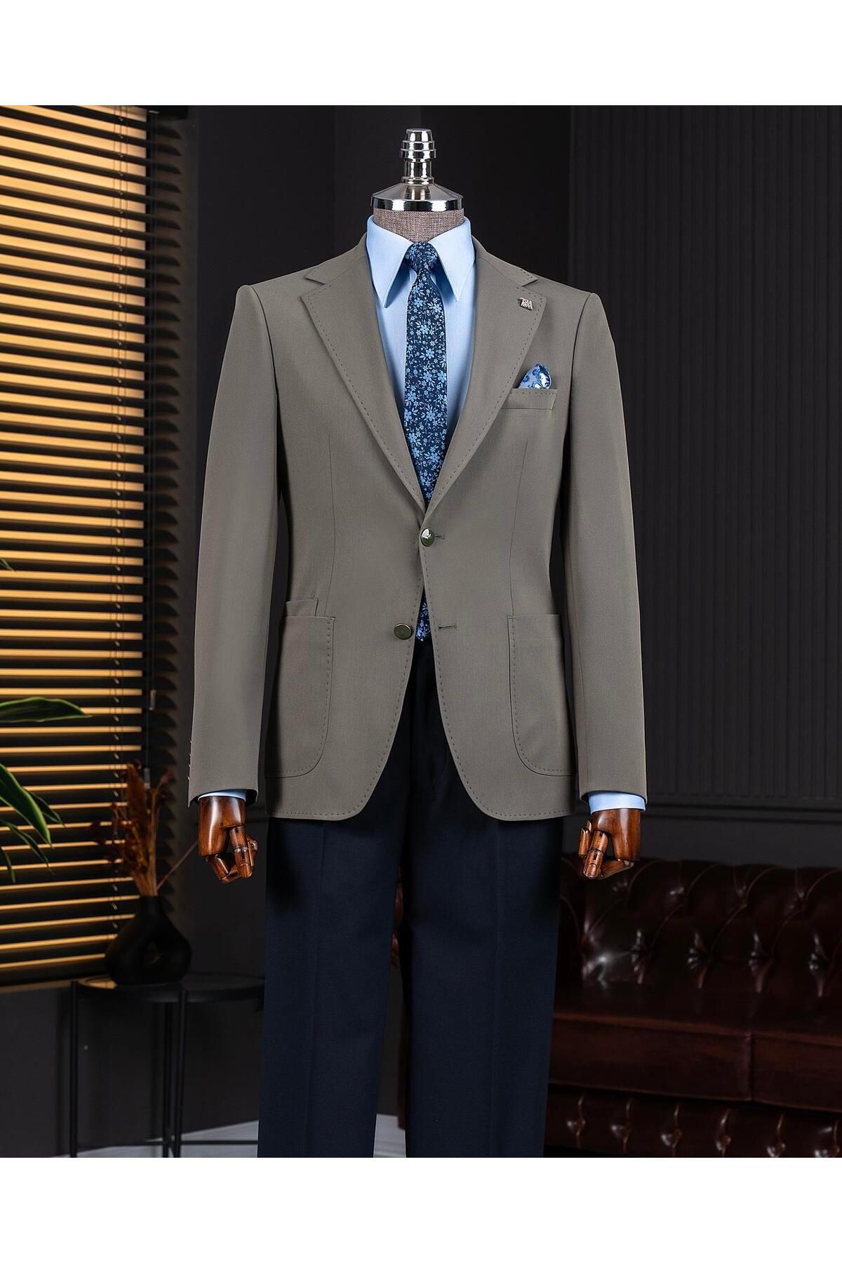 TerziAdemAltun İtalyan stil slim fit mono yaka erkek tek ceket yeşil T14371