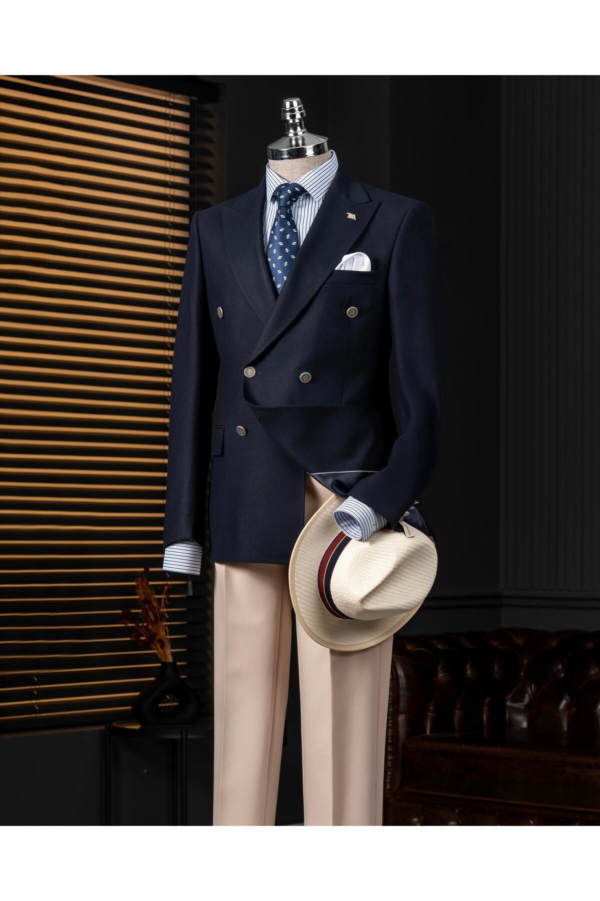 TerziAdemAltun İtalyan stil slim fit kruvaze erkek tek ceket lacivert T14396