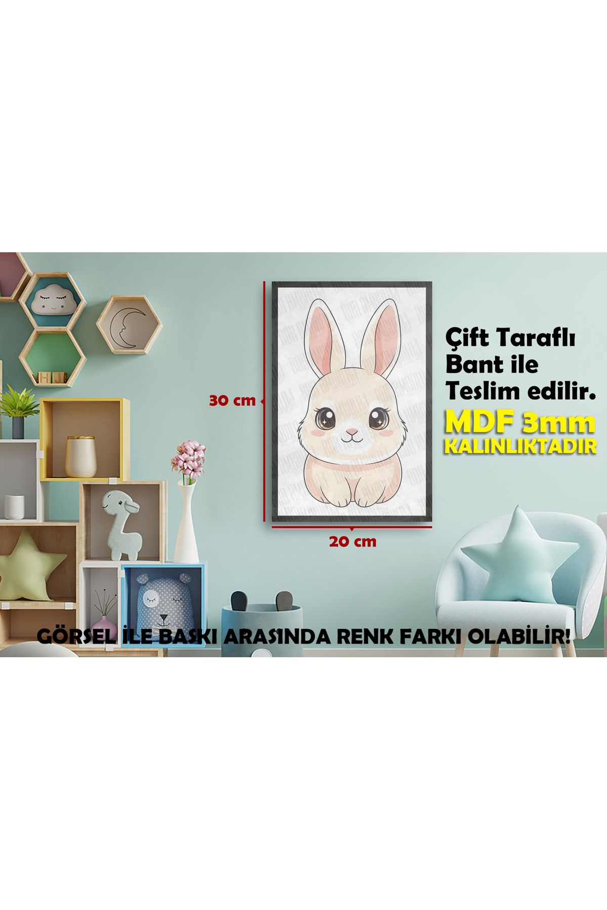 Borambalaj Çocuk Odası İçin Tavşan Tasarımlı Çerçeve Görünümlü MDF Tablo 20x30 cm