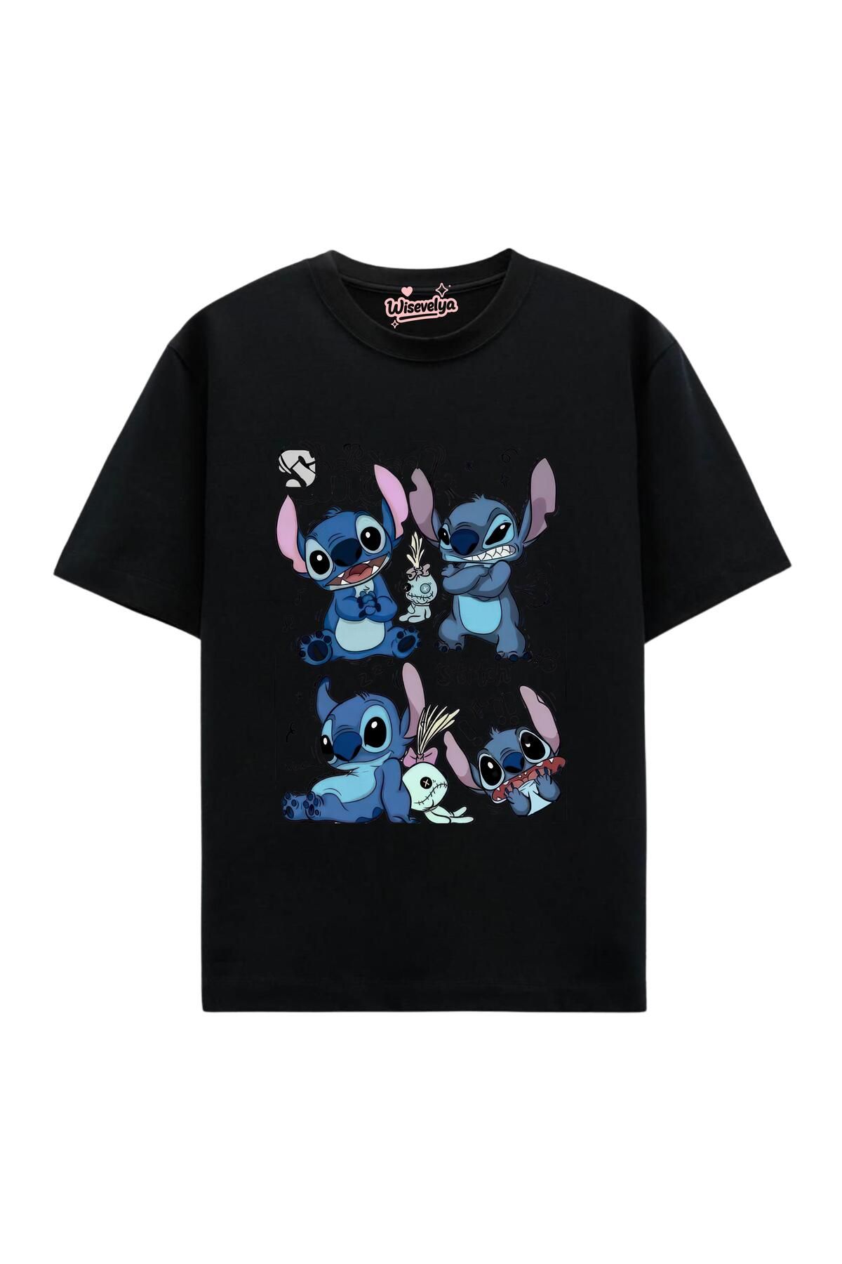 Wisevelya Stitch Mood Kolaj Siyah Tişört