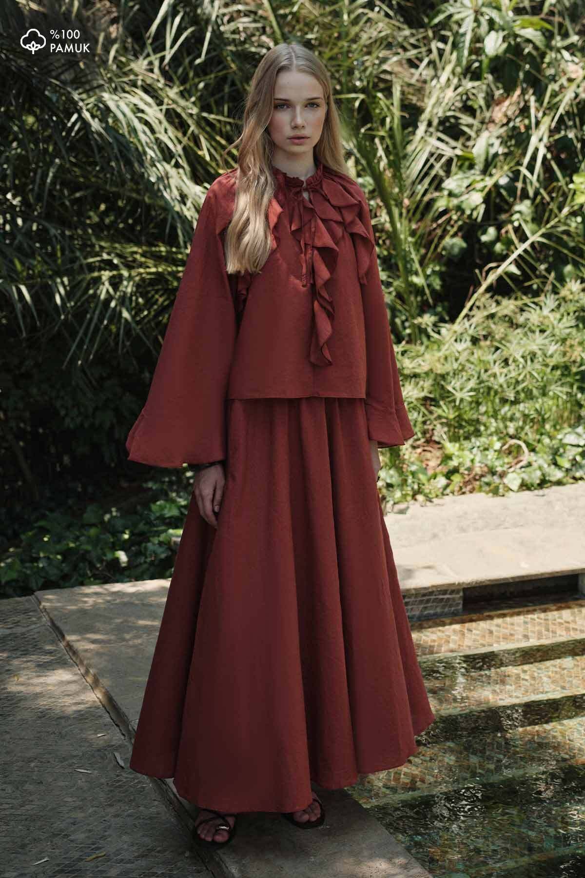 Hooopstore Boho Vual Kiremit Bluz Etek Takım