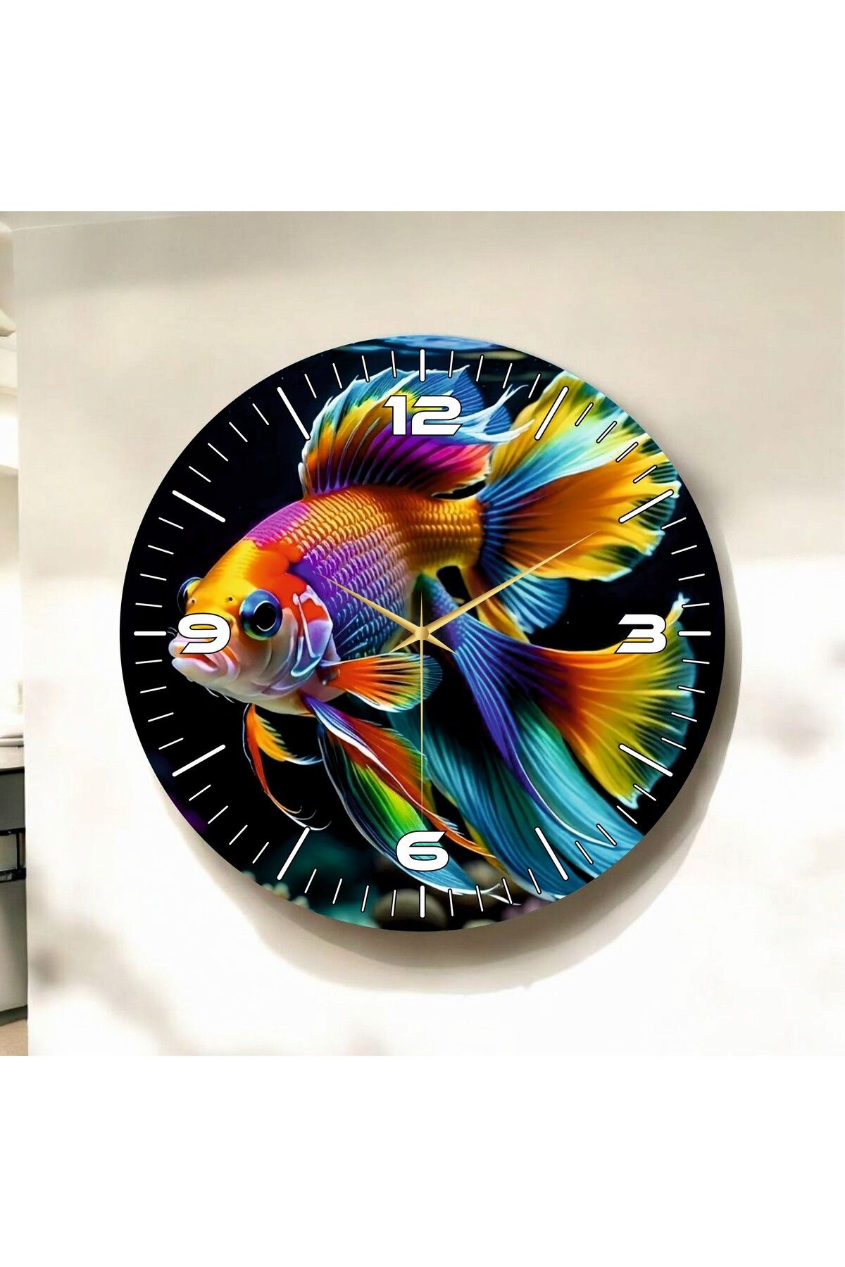 AA Shop Renkli Baskı Balık Hayvan Desenli Sayılı Hediyelik Ahşap Sessiz Duvar Saati 50cm