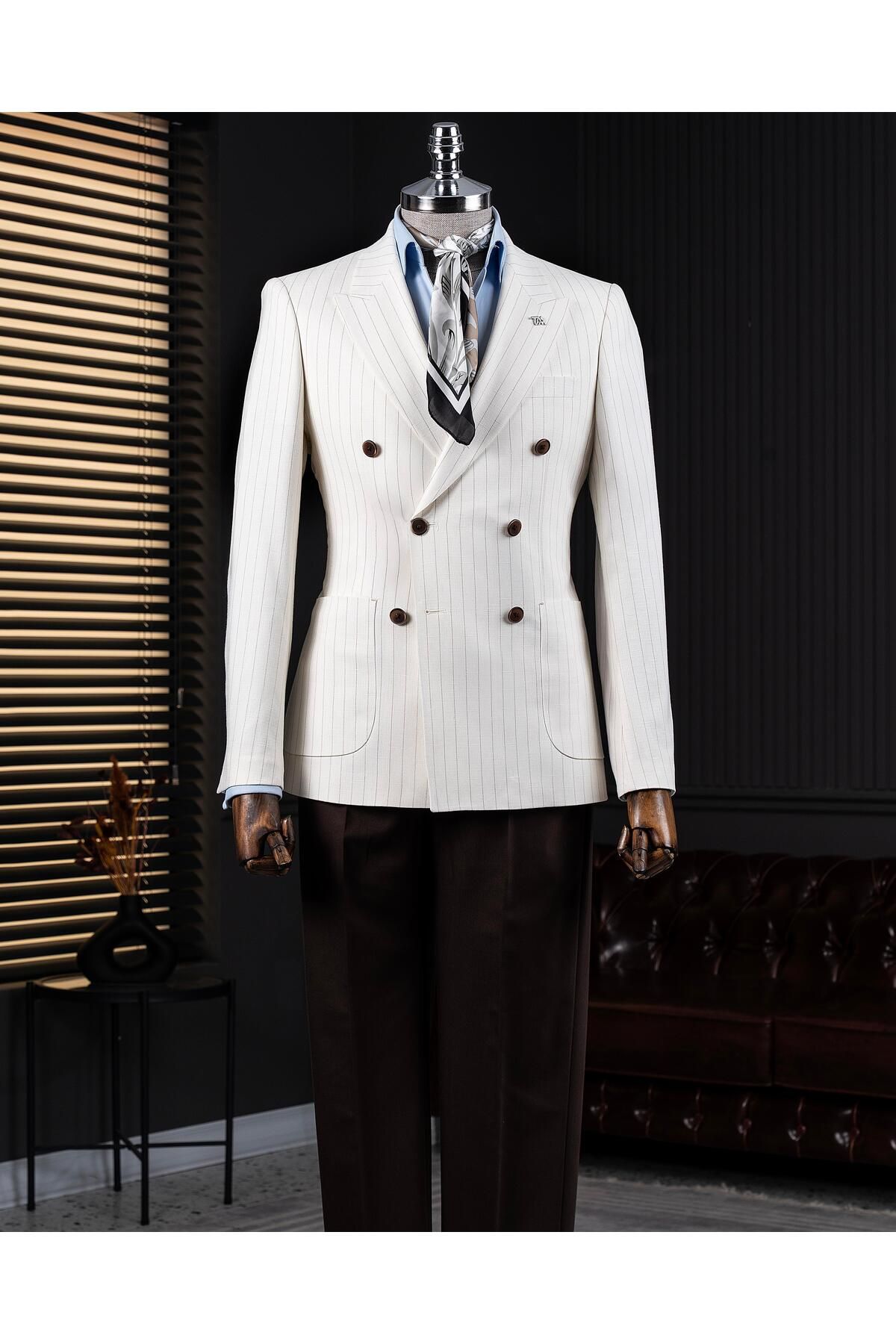 TerziAdemAltun İtalyan stil slim fit kruvaze erkek tek ceket ekru T14279