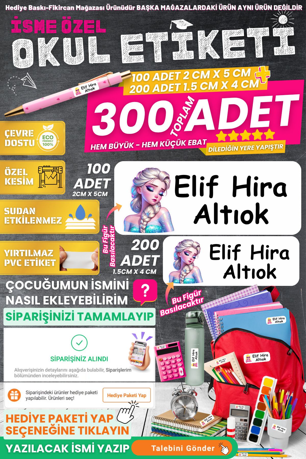 FİKİRCAN Fikircan-İsme Özel Okul Etiket Seti - ELSA 300 Adet - Kokusuz Ekolojik Mürekkep PVC ETİKET