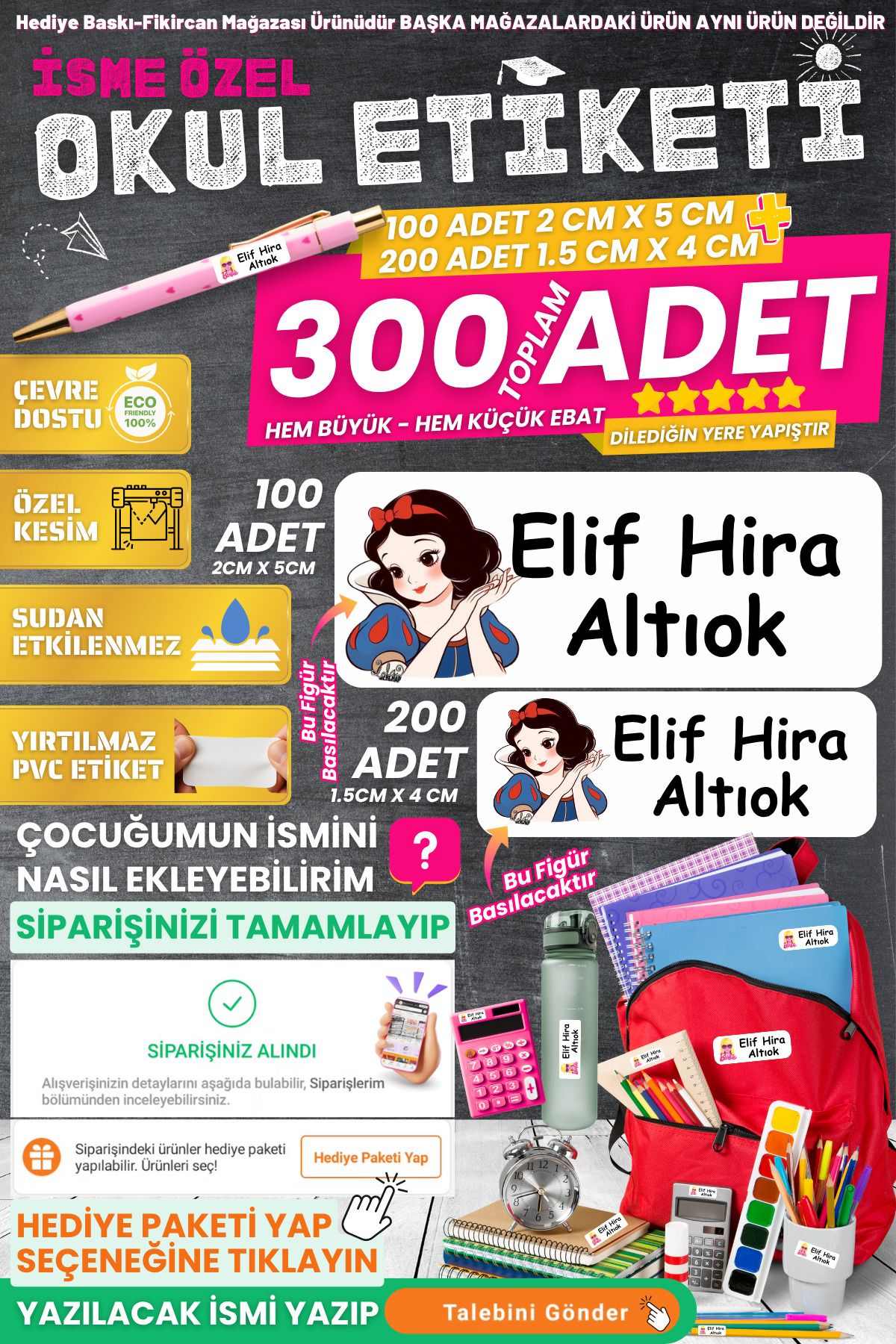 FİKİRCAN Fikircan-İsme Özel Okul Etiket Seti - PAMUK PRENSES 300 Adet - Kokusuz Ekolojik Mürekkep PVC ETİKET