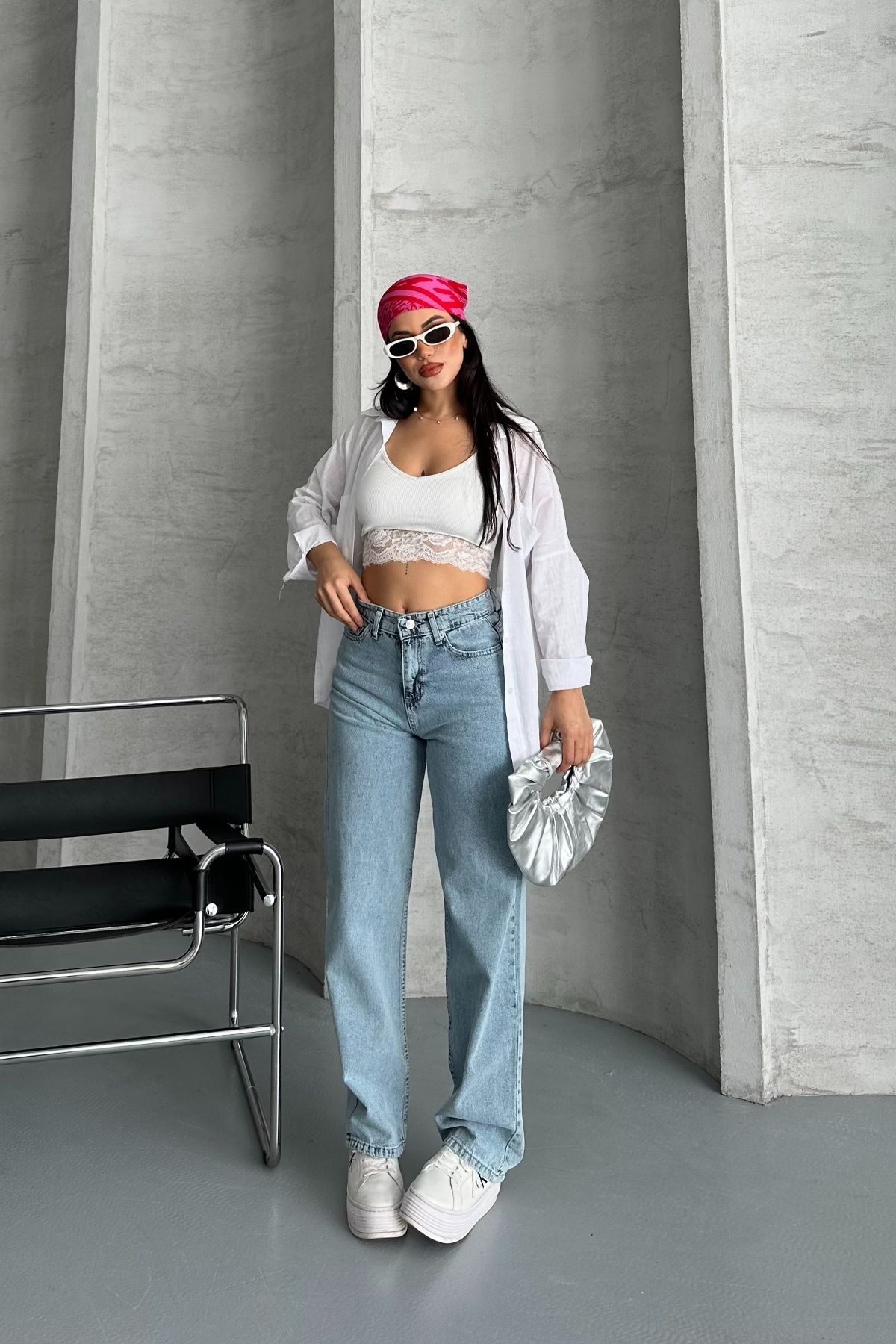 DESTEMODA Kadın Palazzo Kot Pantolon Efektli Jeans Buz Mavi 4009