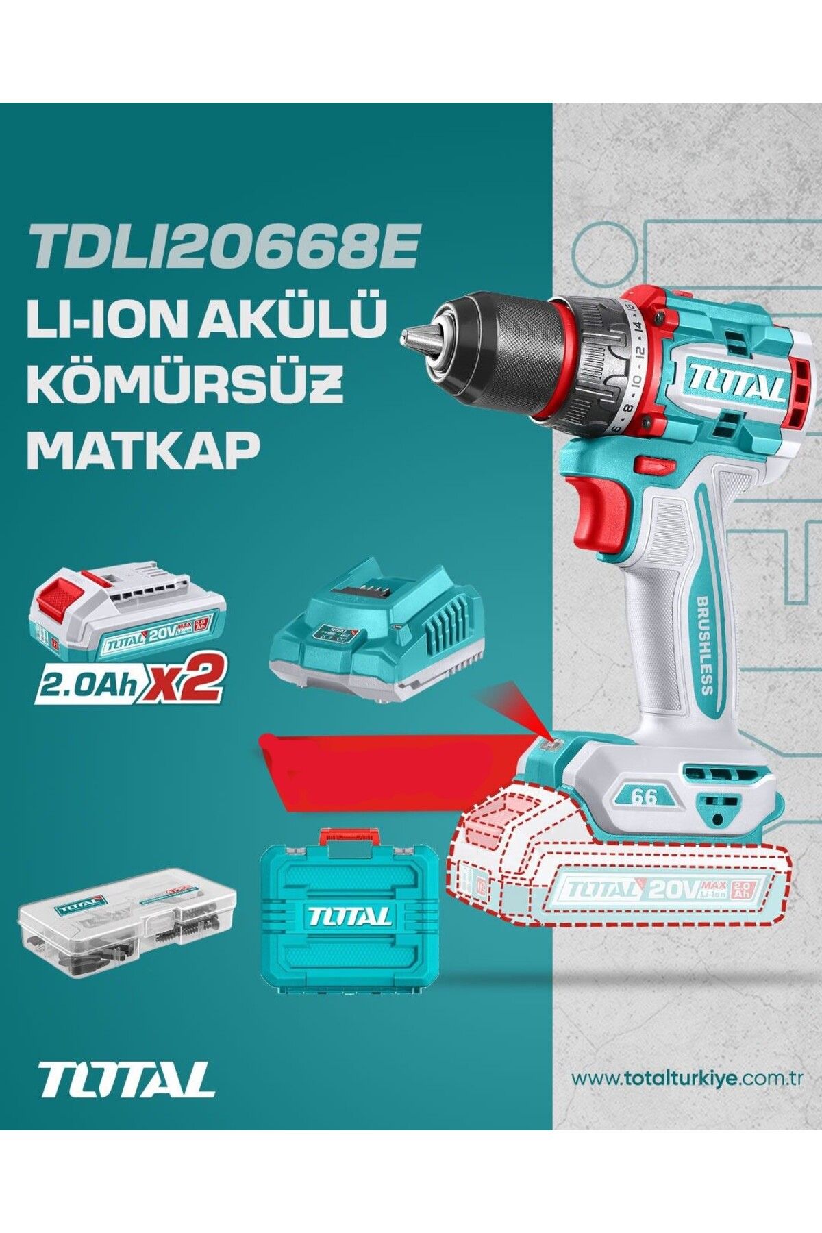 TOTAL Li-İon Akülü Kömürsüz Matkap Çift Akü ve Aksesuar TDLI20668E NMS HIRDAVAT