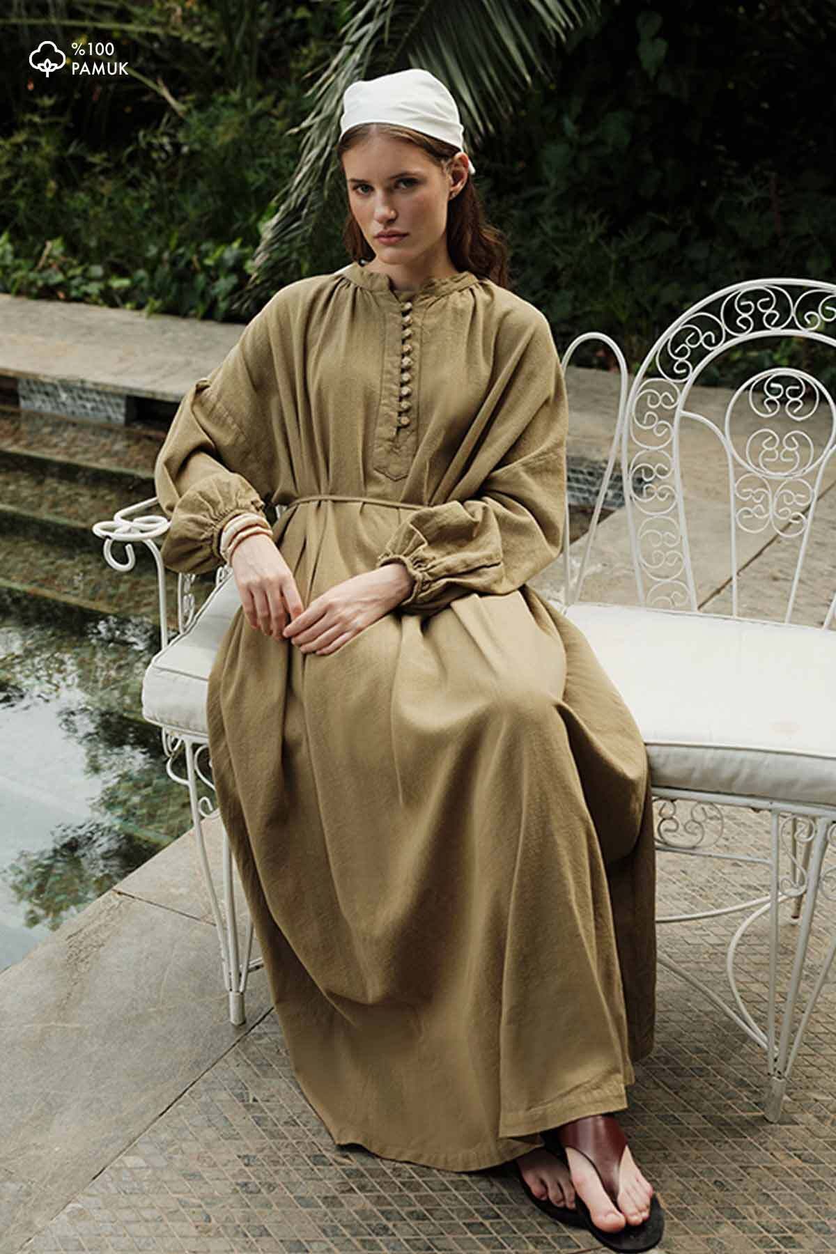 Hooopstore Oversize Keten Dokulu Haki Elbise