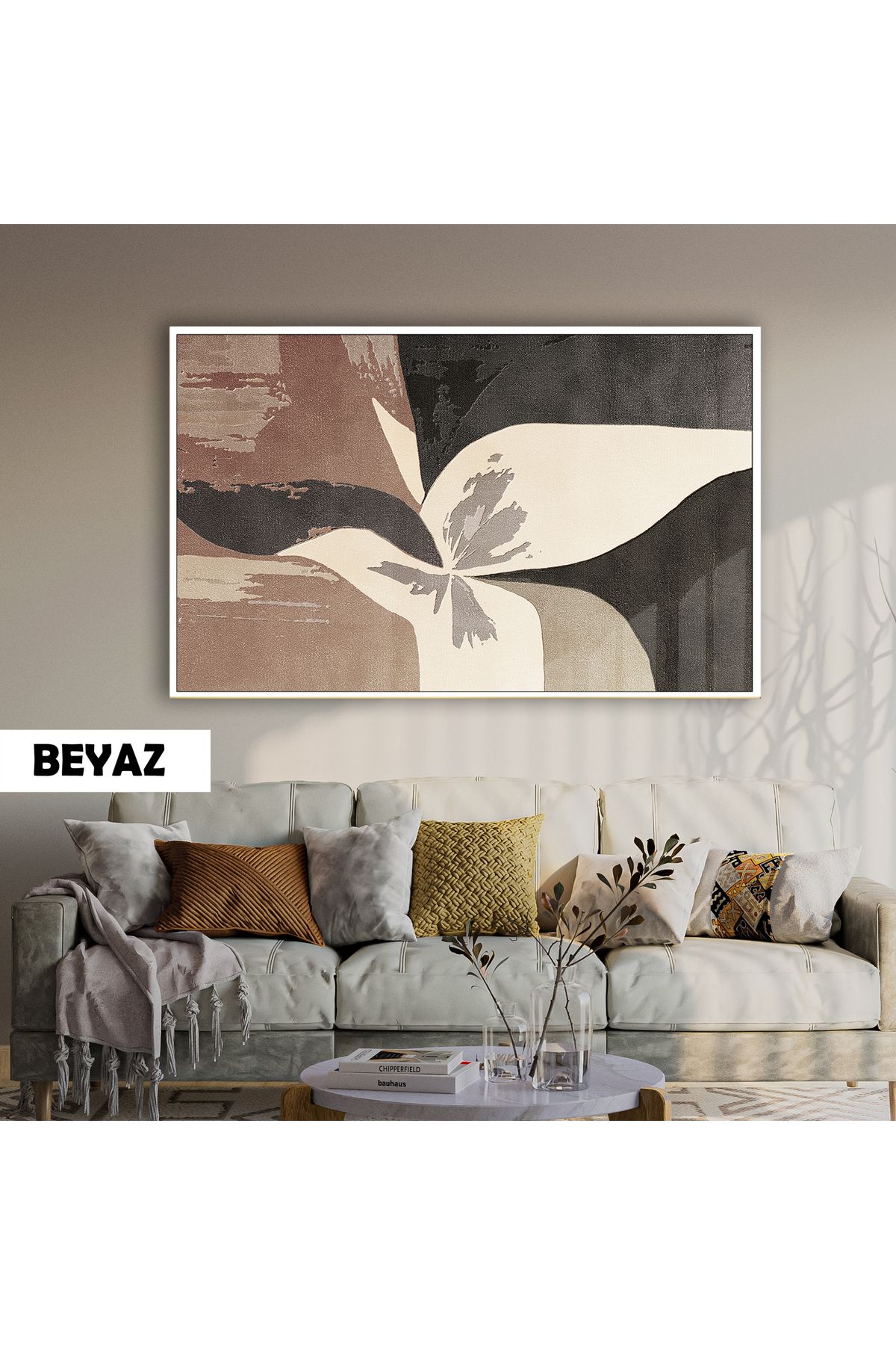 Harikabirev HARİKABİREV| KAHVE KONTRAST SOYUT ÇİÇEK MODELİ (FLOWER) |ÇERÇEVELİ TEMPERLİ CAM TABLO TEKLİ YATAY
