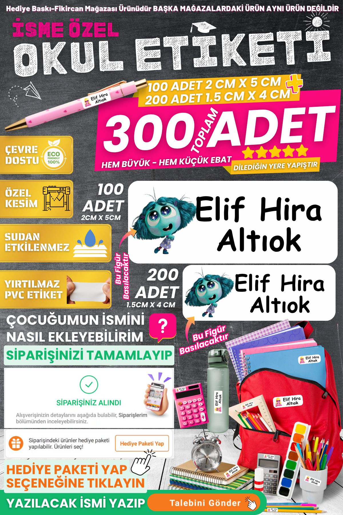 FİKİRCAN Fikircan-İsme Özel Okul Etiket Seti - KISKANÇ 300 Adet - Kokusuz Ekolojik Mürekkep PVC ETİKET
