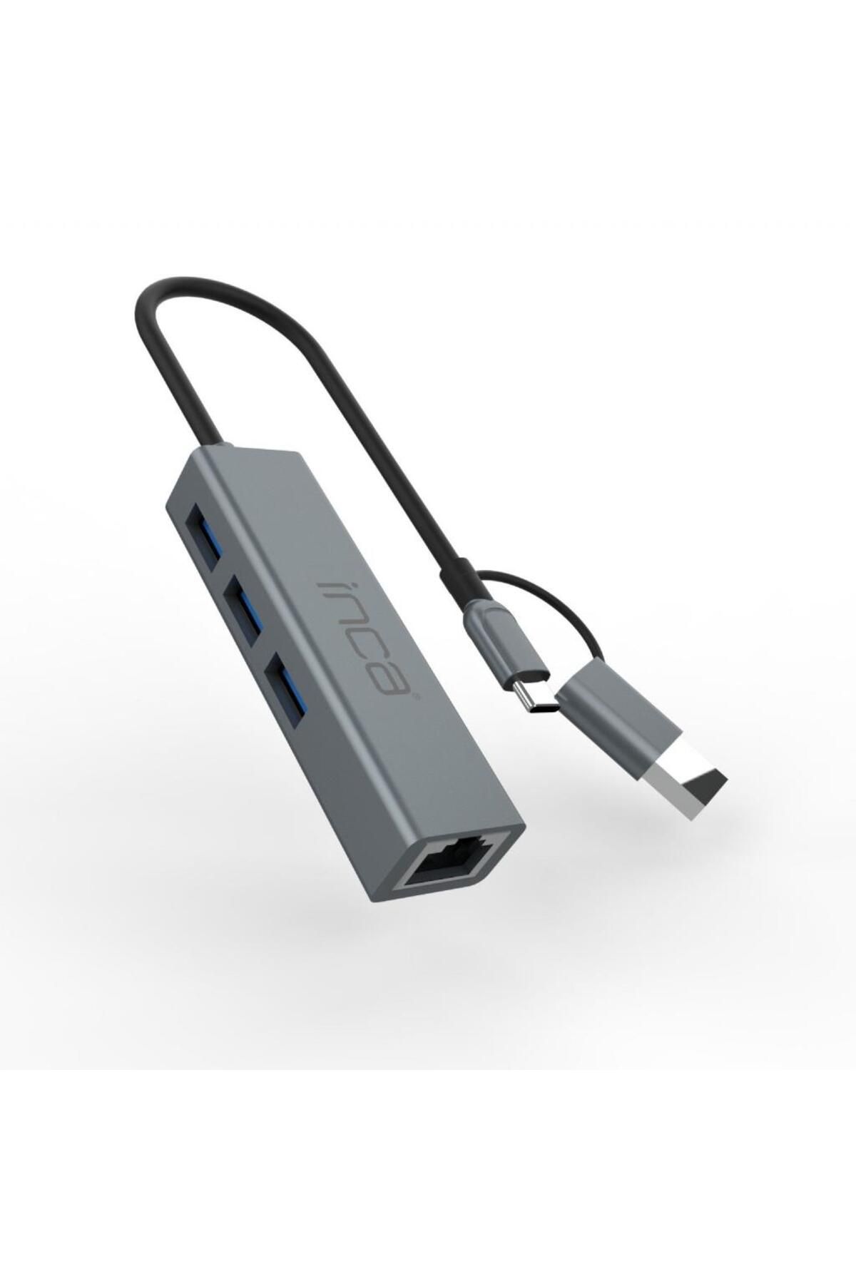Inca IUTP-03T USB3.0+Tip-C=>Gigabit RJ45+3*USB3.0 Çevirici (Giriş:Tip-A+Tip-C=>Çıkış:Eternet+3*Tip-A