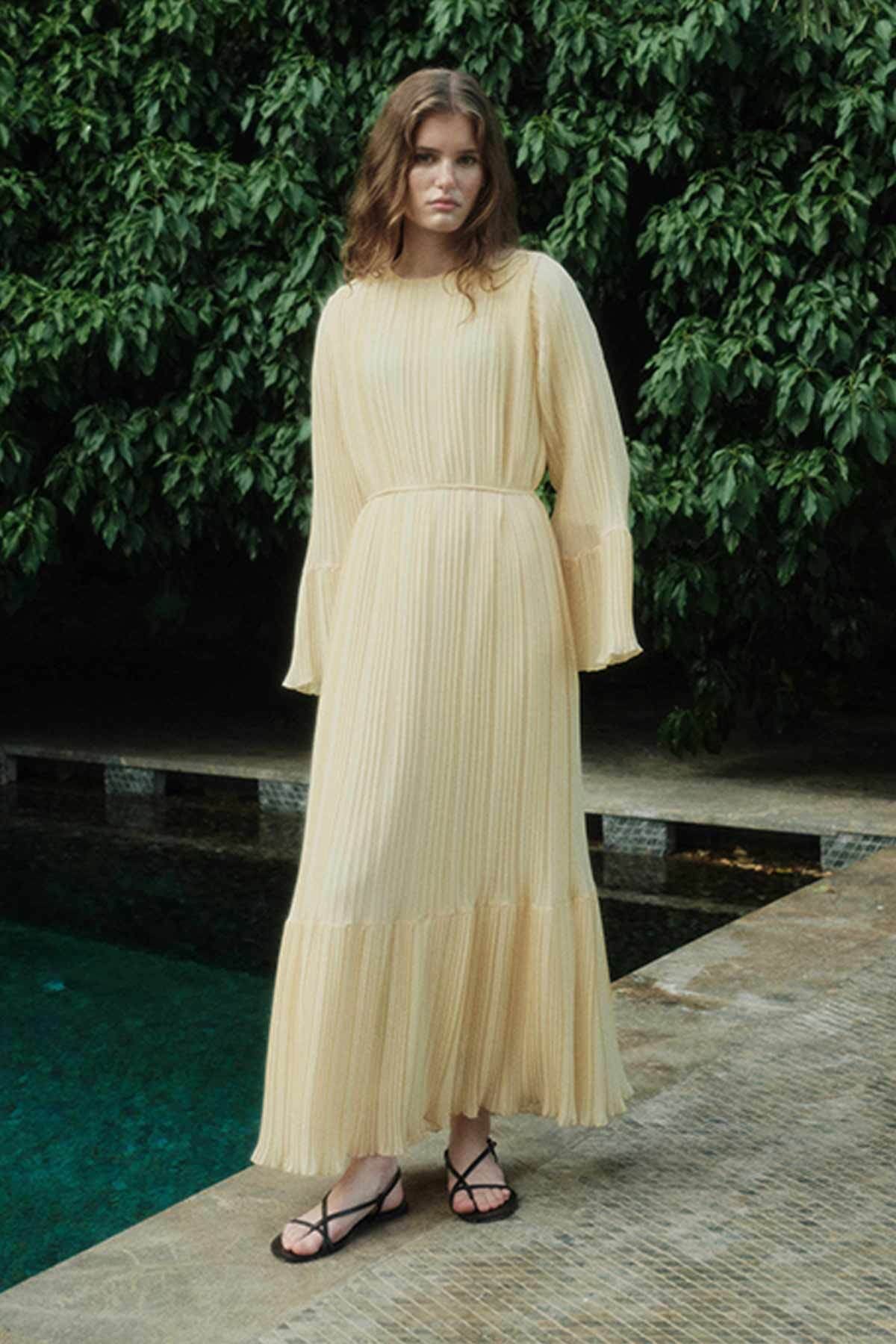 Hooopstore Pilise Detaylı Rahat Form Butter Yellow Elbise