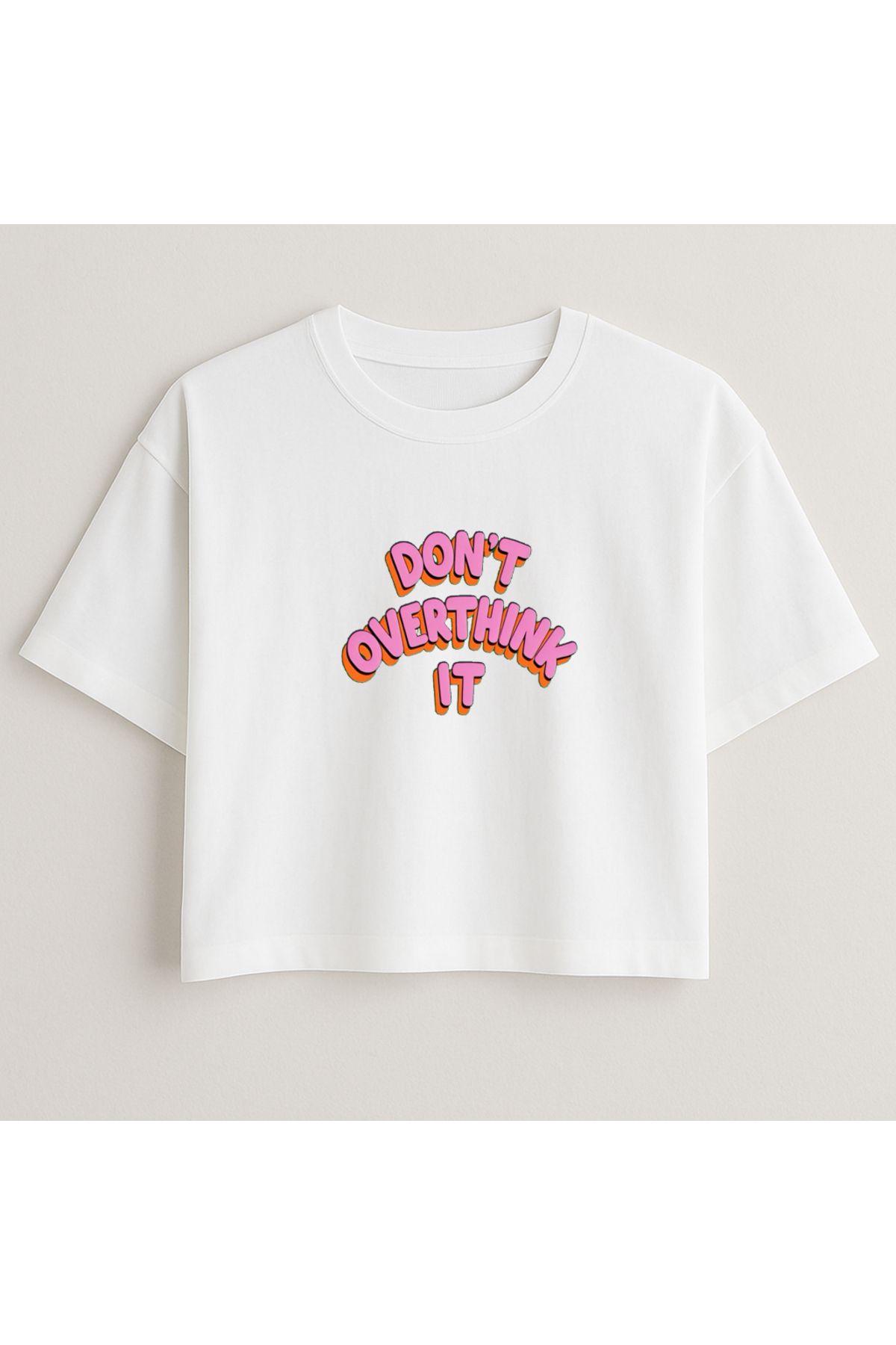 Minou Wear Overtink Baskılı Özel Tasarım Kadın Beyaz Oversize Crop Tshirt
