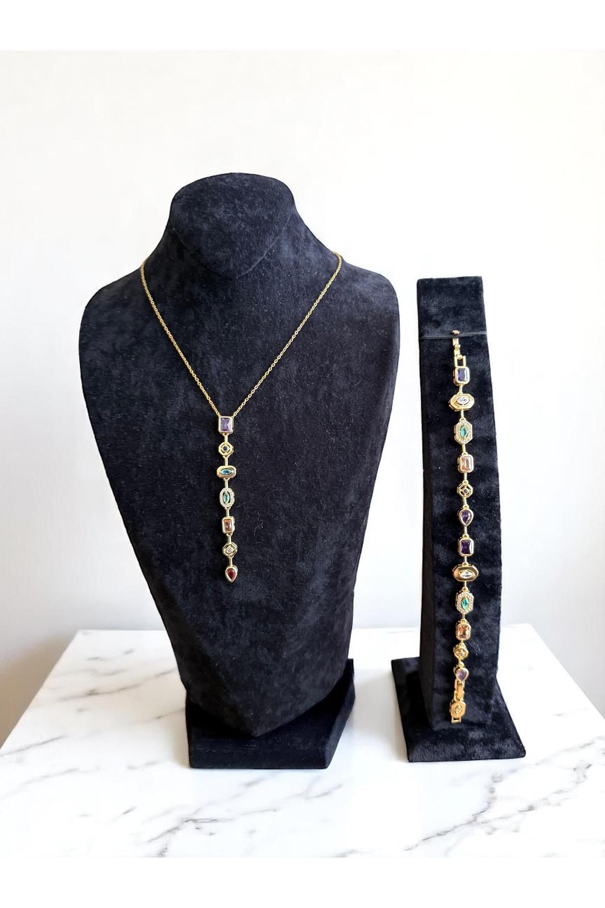 Constanza Exclusive 14 Ayar Altın Görünümlü Y model Kolye Bileklik Set Lvd564