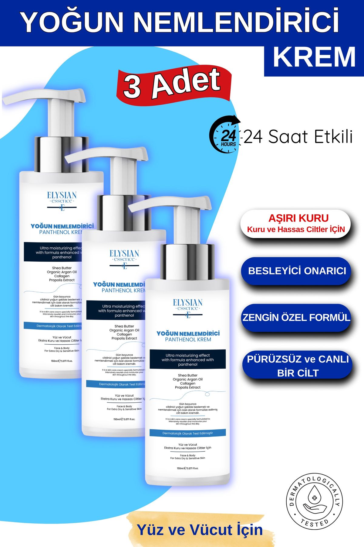 Elysian Essence Yoğun Nemlendirici Panthenol Krem 3'lü Set | Kuru ve Hassas Ciltlere 24 Saat Bakım, Argan, Shea Yağı