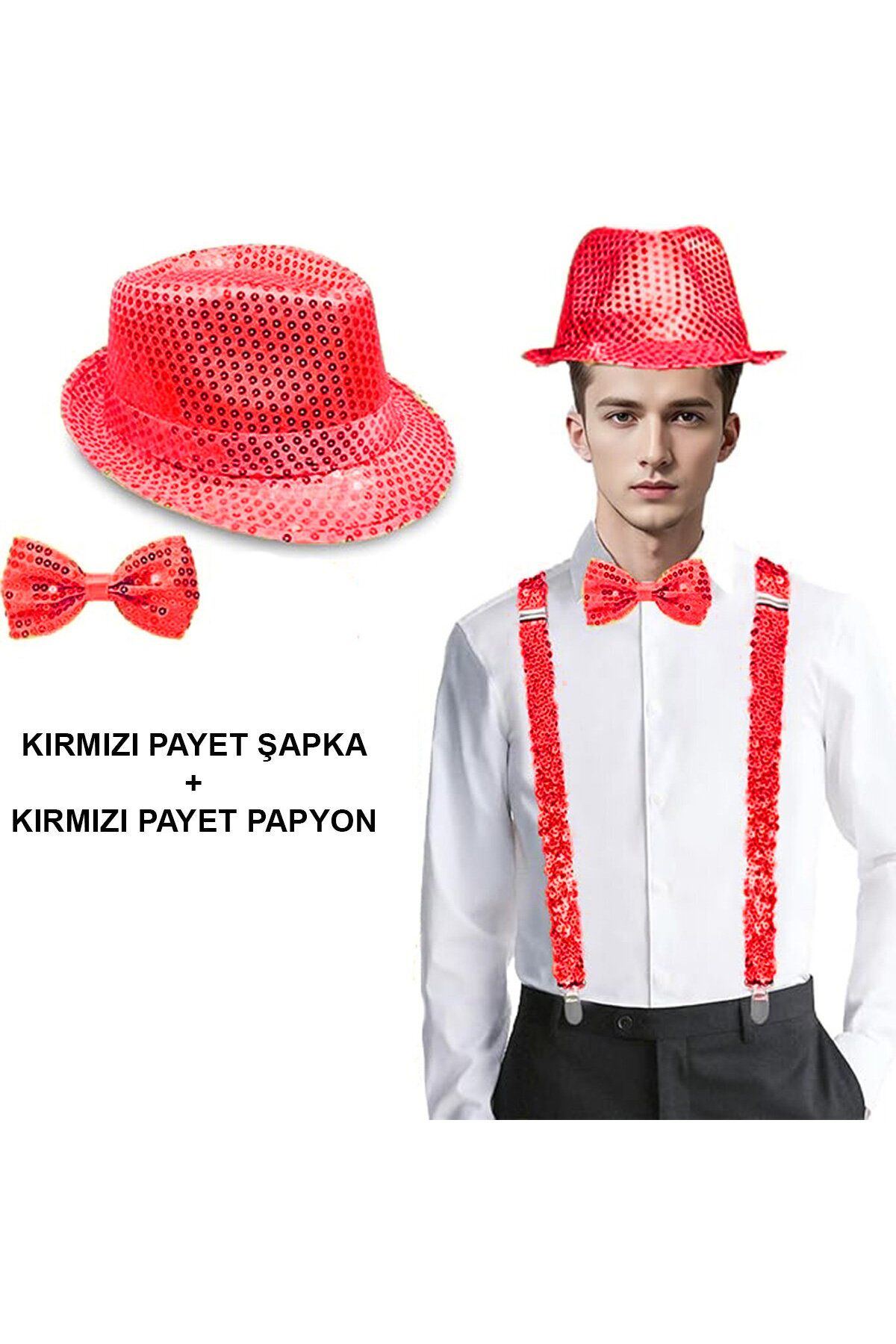 Vemora Kırmızı Payetli Şapka ve Papyon Seti – Parıltılı Yetişkin Kostüm Seti