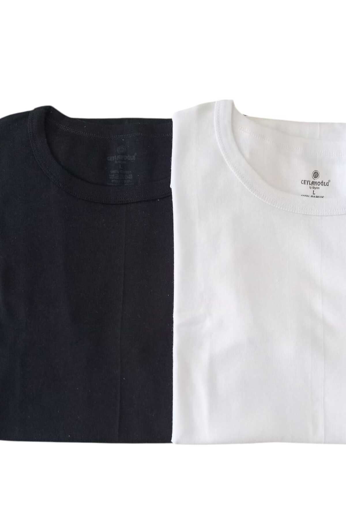 balkonda Tişört sıfır yaka pamuklu cotton 2'li avantajlı paket siyah-beyaz slim fit ekstr esnek unisex STC3-1