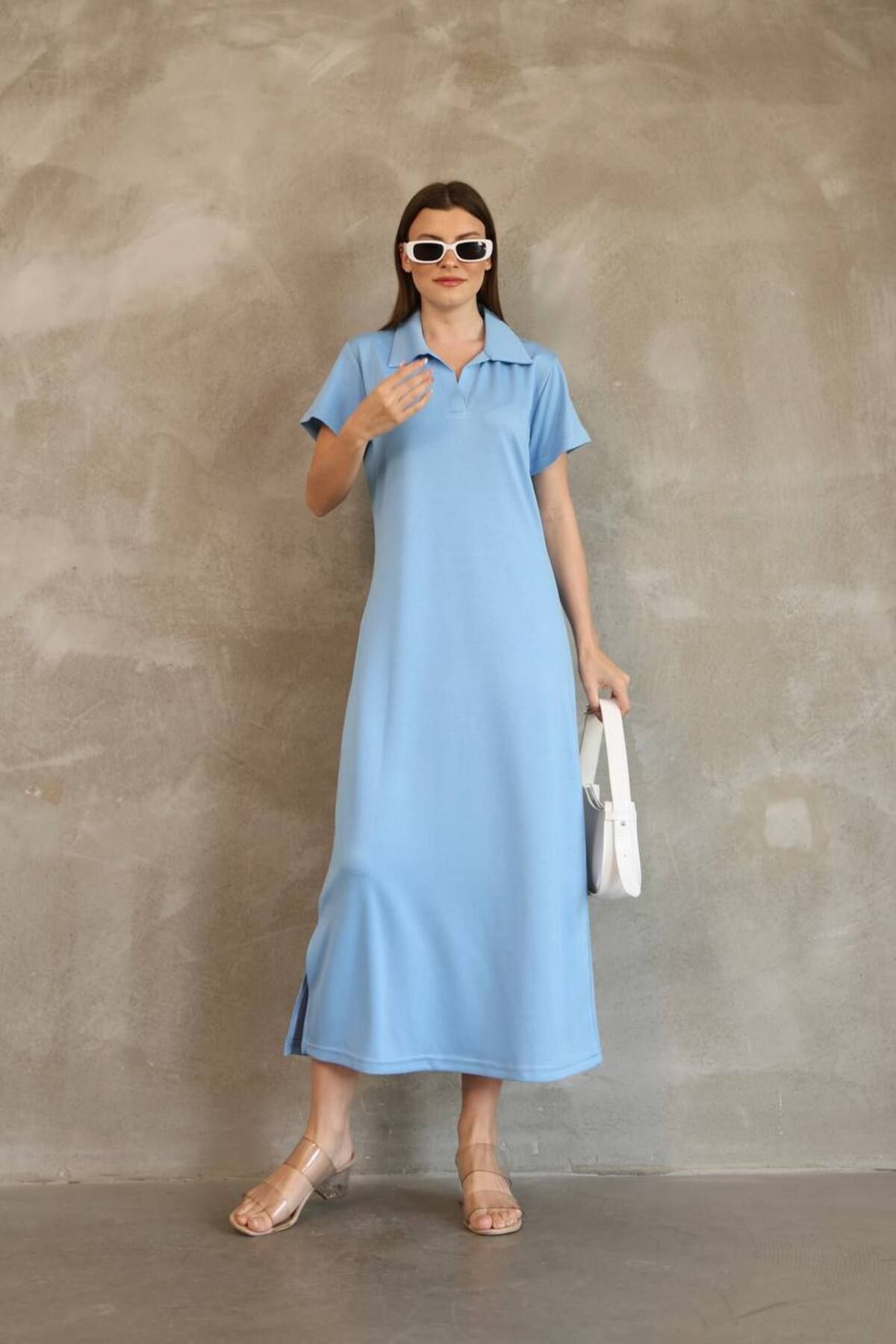 BUTİK1AVM Kadın Basic Polo Yaka Yırtmaçlı Elbise Siyah Pembe Bordo ve Lacivert Renklerde