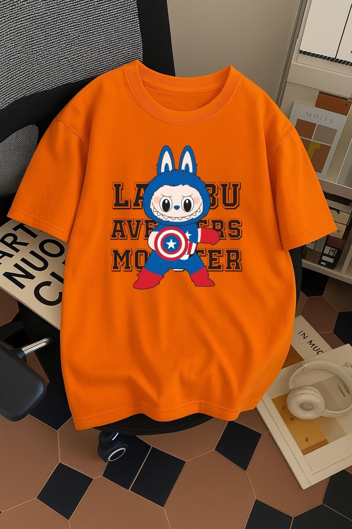 SOHR Unisex Erkek/Kadın Kaptan Amerika Labubu Renkli Baskılı Oversize Pamuklu T-Shirt