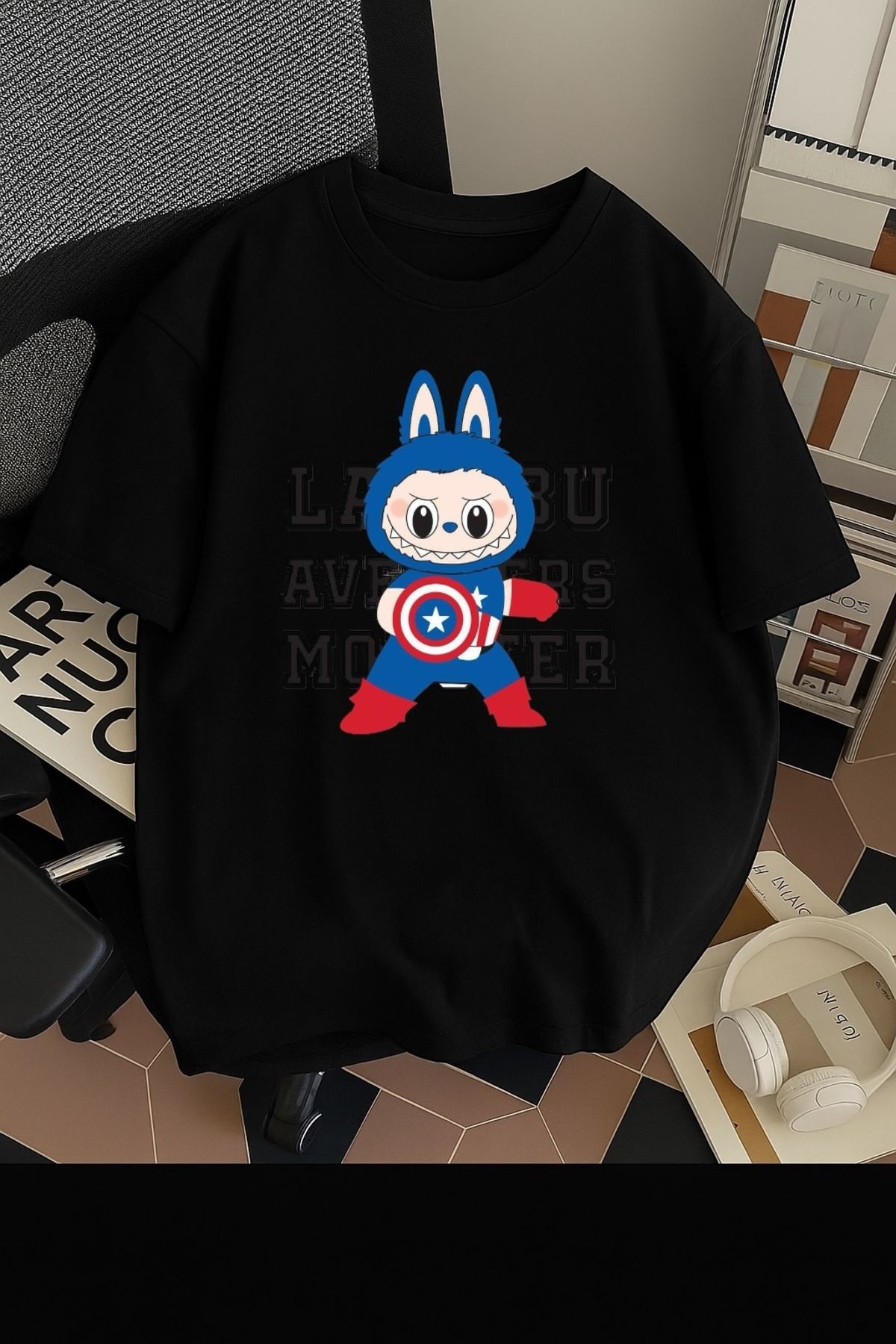 SOHR Unisex Erkek/Kadın Kaptan Amerika Labubu Renkli Baskılı Oversize Pamuklu T-Shirt