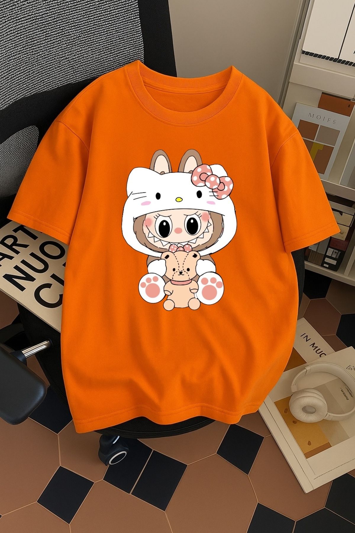 SOHR Unisex Erkek/Kadın Kitty Labubu Renkli Baskılı Oversize Pamuklu T-Shirt