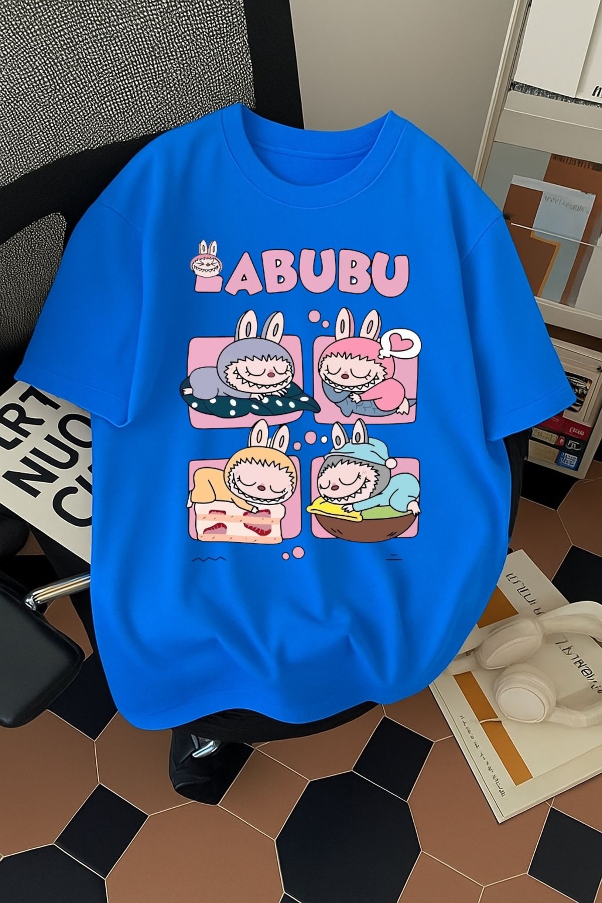 SOHR Unisex Erkek/Kadın Labubu Dörtlü Renkli Baskılı Oversize Pamuklu T-Shirt
