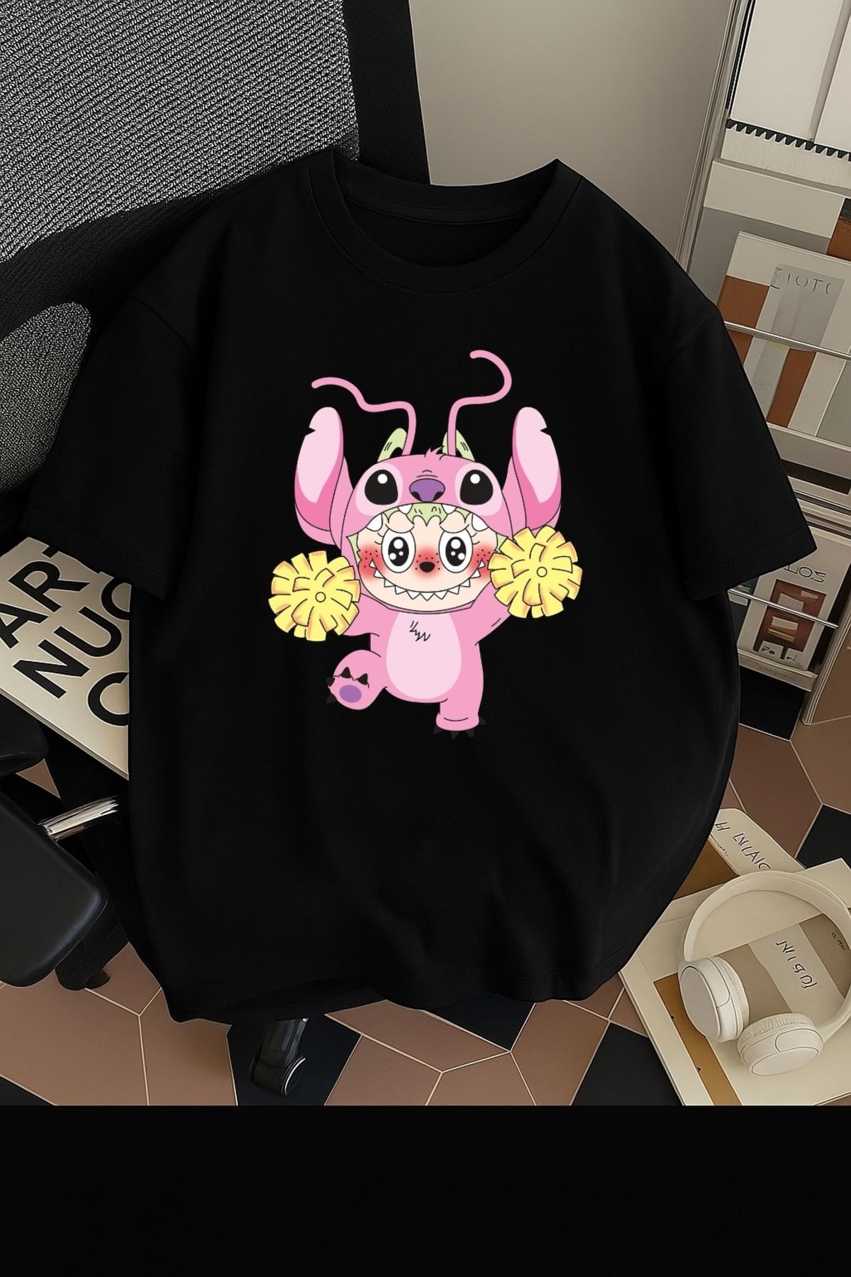 SOHR Unisex Erkek/Kadın Angel Labubu Renkli Baskılı Oversize Pamuklu T-Shirt