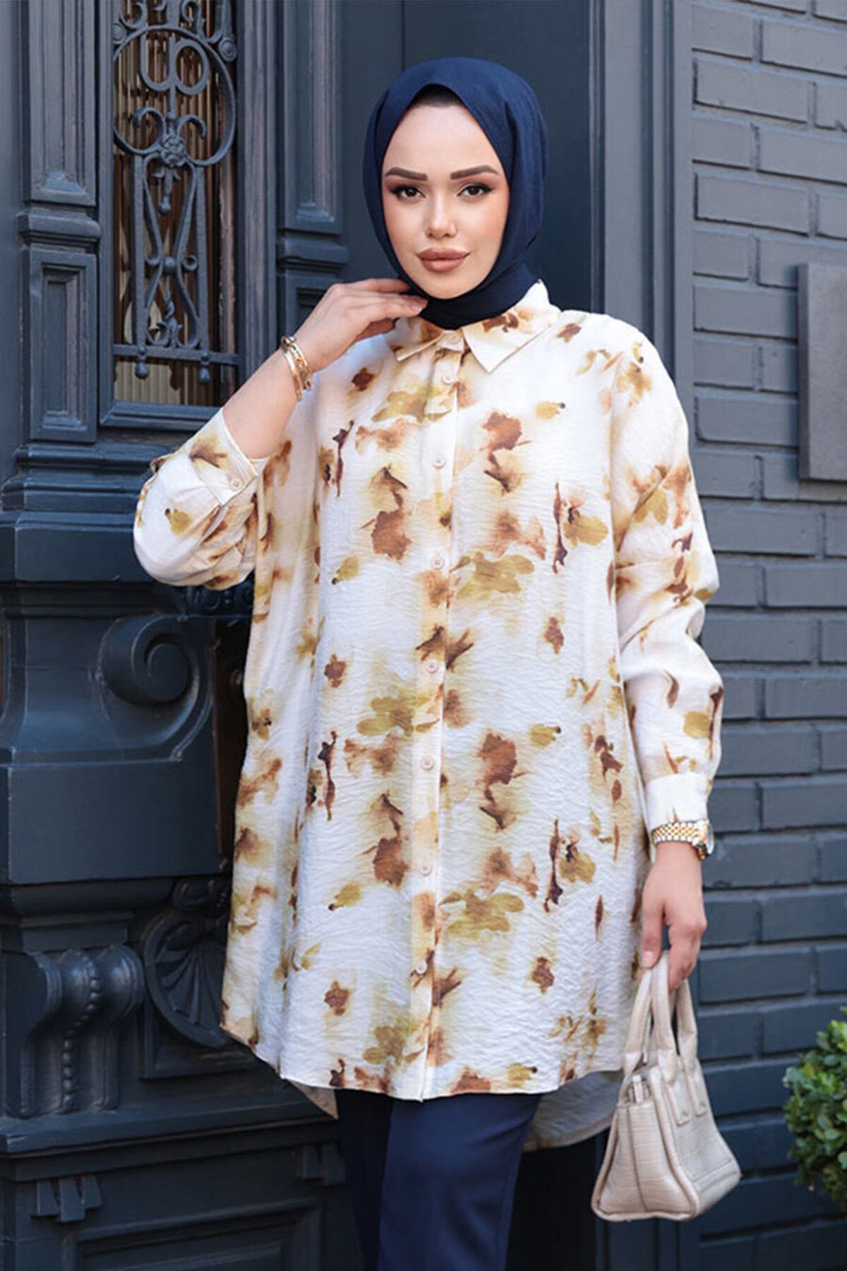N.S NEVA STYLE Desenli Hardal Tesettür Gömlek 10546HR