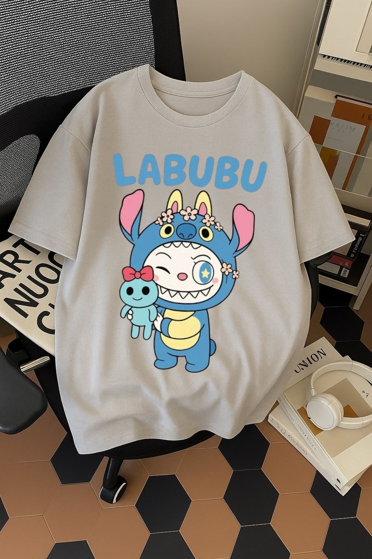 SOHR Unisex Erkek/Kadın Labubu Stitch Renkli Baskılı Oversize Pamuklu T-Shirt