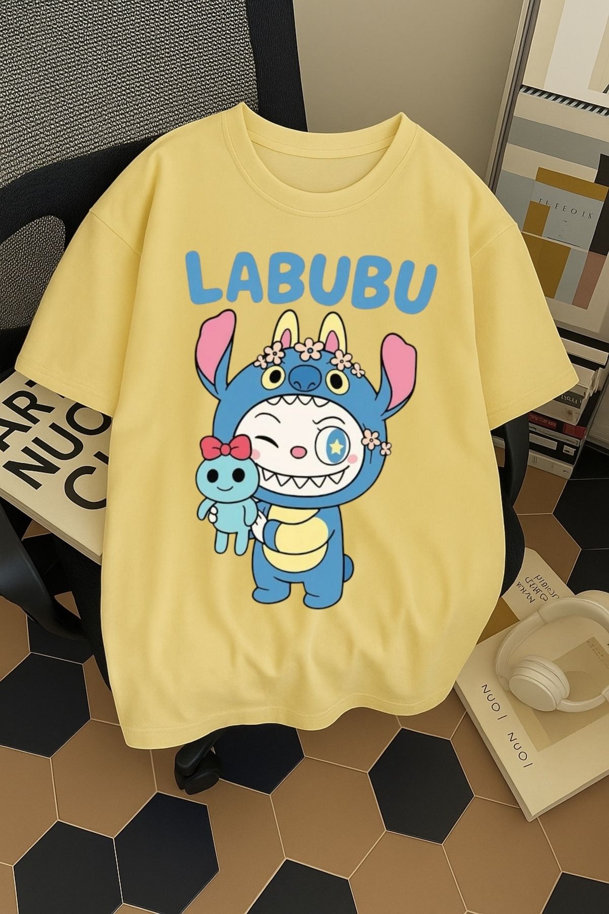 SOHR Unisex Erkek/Kadın Labubu Stitch Renkli Baskılı Oversize Pamuklu T-Shirt