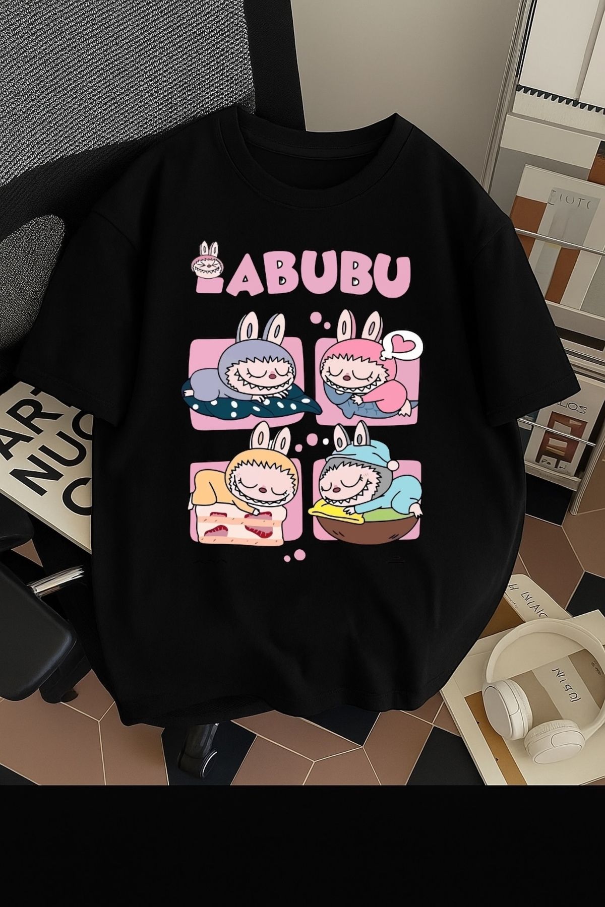 SOHR Unisex Erkek/Kadın Labubu Dörtlü Renkli Baskılı Oversize Pamuklu T-Shirt