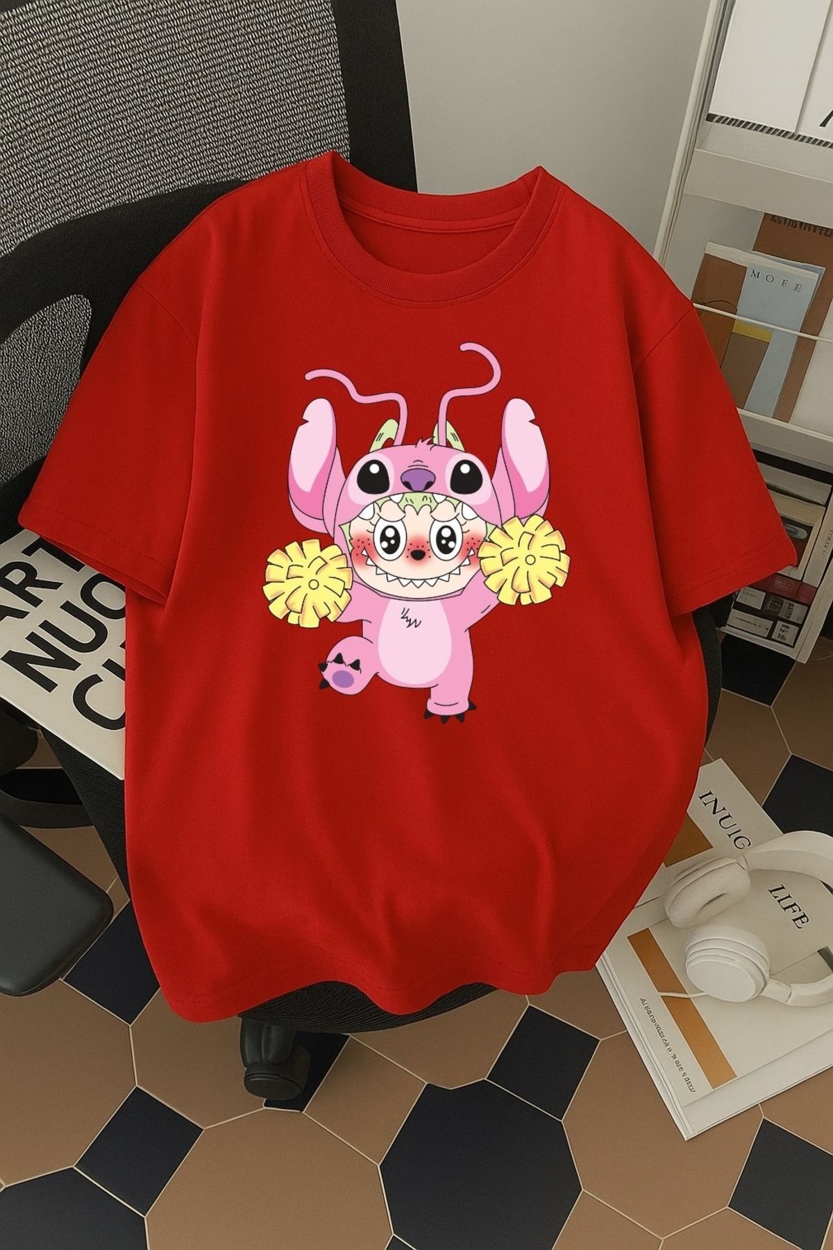 SOHR Unisex Erkek/Kadın Angel Labubu Renkli Baskılı Oversize Pamuklu T-Shirt